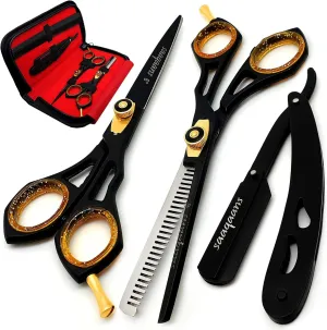 Saaqaans Professional Barber Shears Kit Tools - Hair Cutting Scissors Set for Hairdresser/Hair Salon   Thinning/Texture Hairdressing Haircut Shear for Beautician   Straight Razor   10 Blades with Case