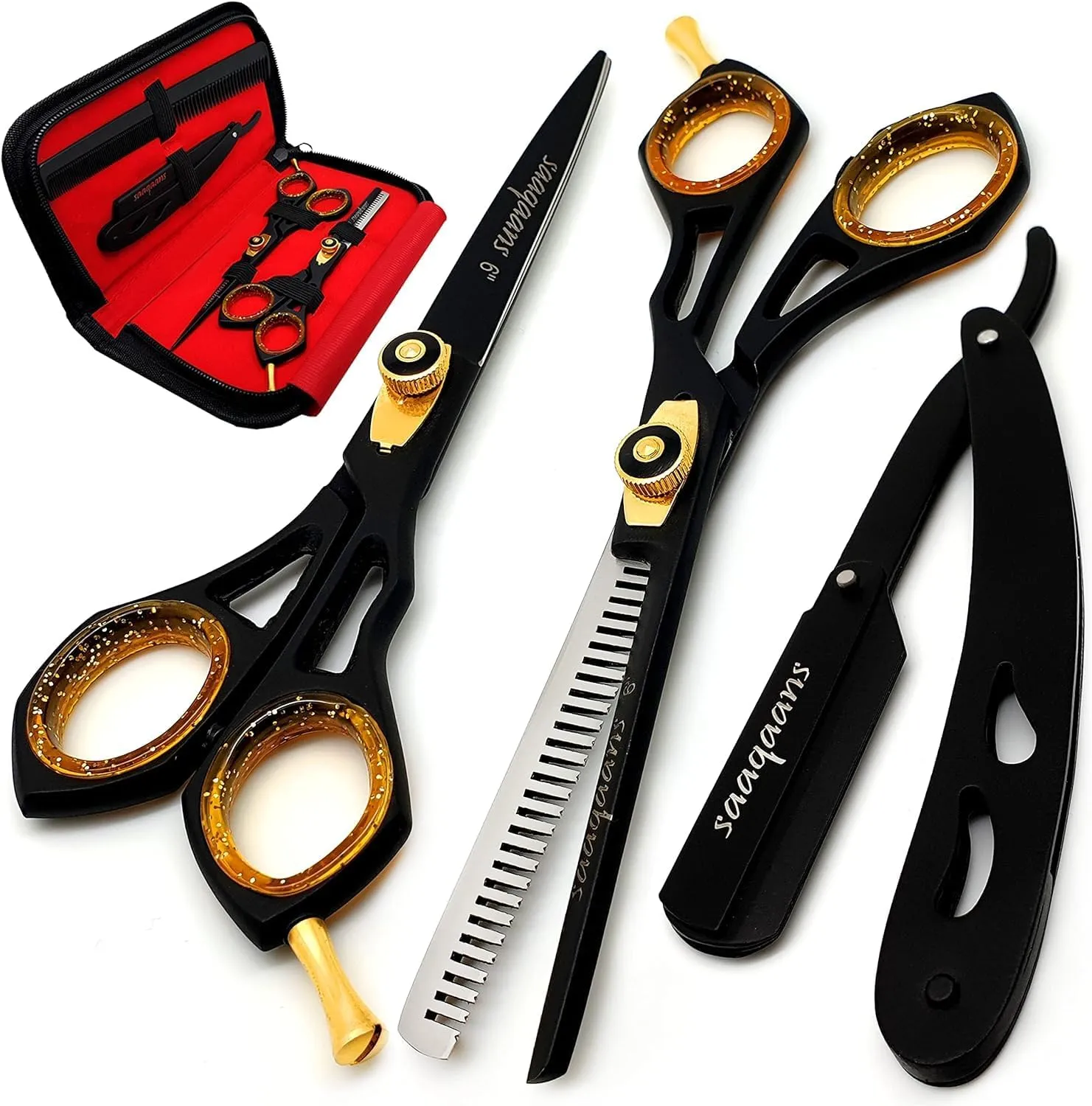Saaqaans Professional Barber Shears Kit Tools - Hair Cutting Scissors Set for Hairdresser/Hair Salon   Thinning/Texture Hairdressing Haircut Shear for Beautician   Straight Razor   10 Blades with Case