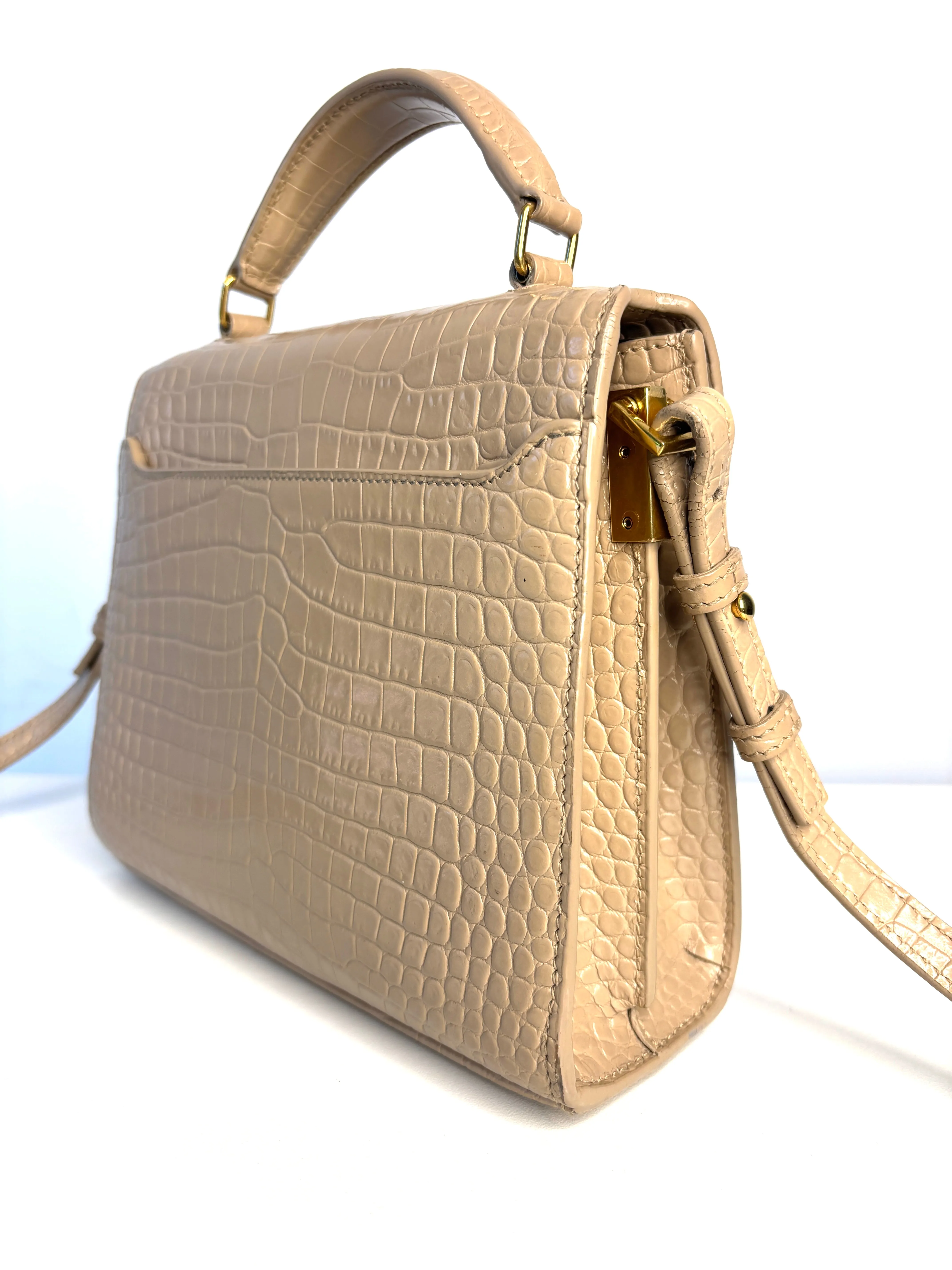 Saint Laurent YSL Crocodile Embossed Mini Classic Monogram Cassandra Nude Top Handle Bag Preloved