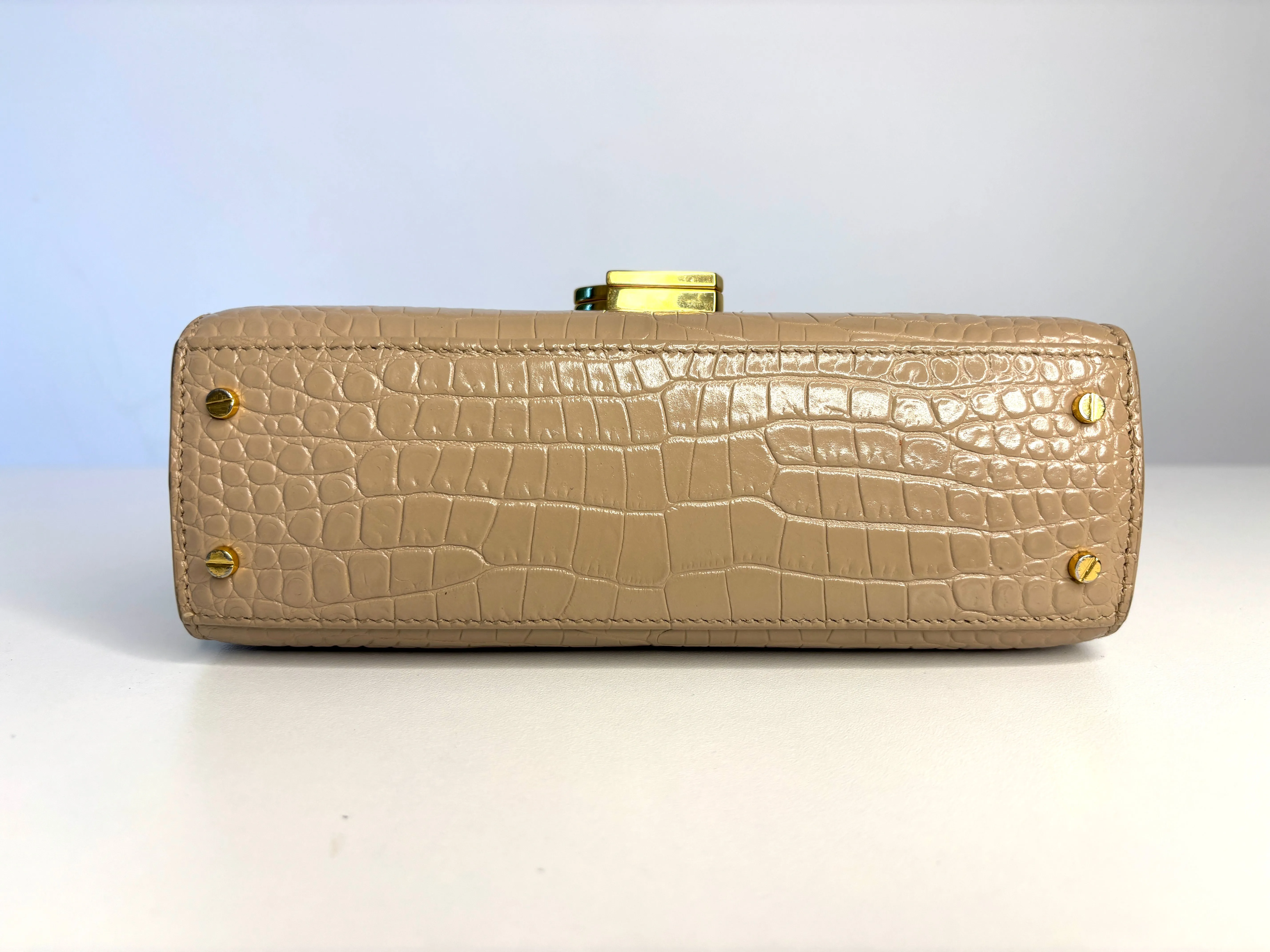 Saint Laurent YSL Crocodile Embossed Mini Classic Monogram Cassandra Nude Top Handle Bag Preloved