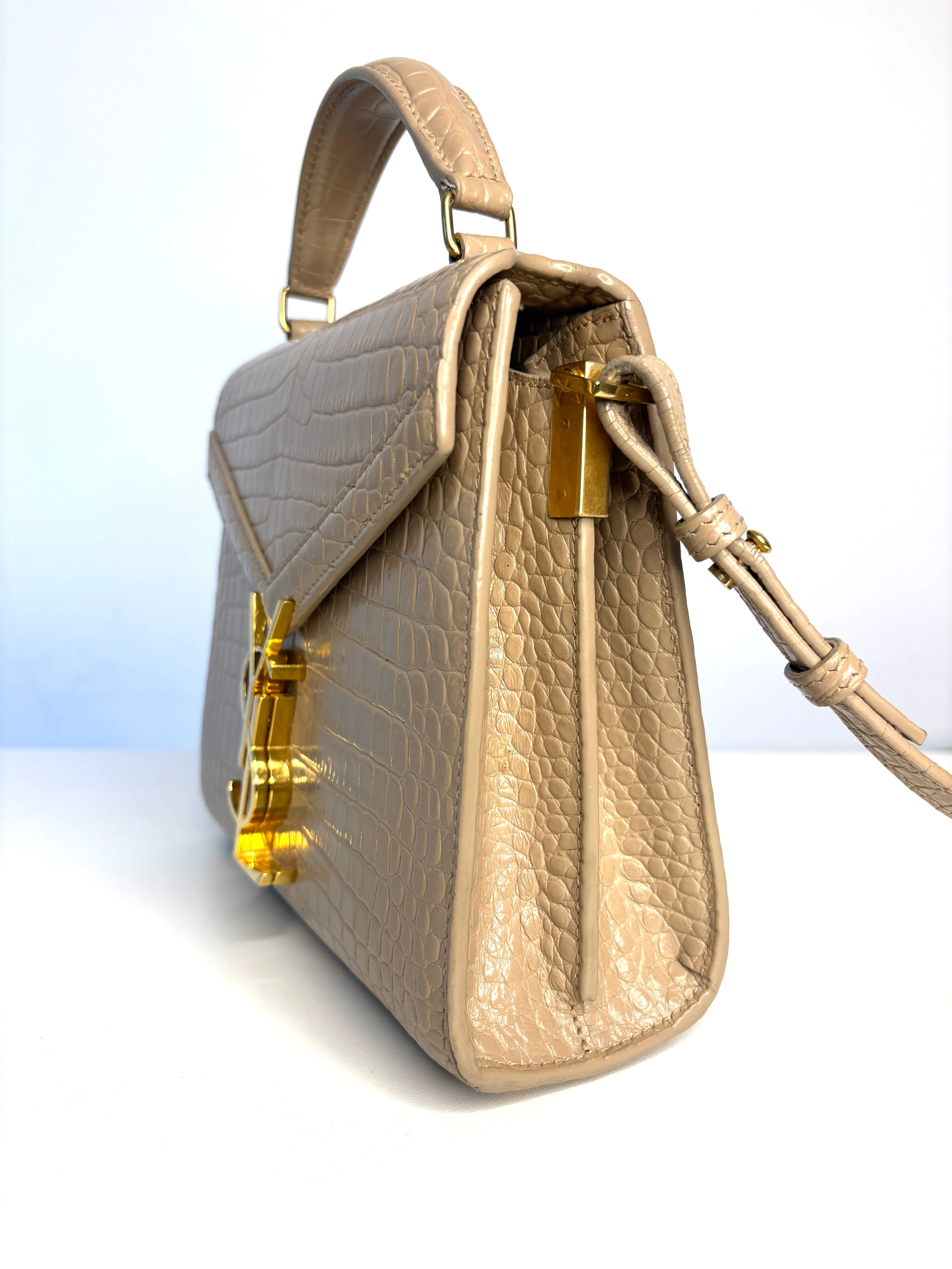 Saint Laurent YSL Crocodile Embossed Mini Classic Monogram Cassandra Nude Top Handle Bag Preloved
