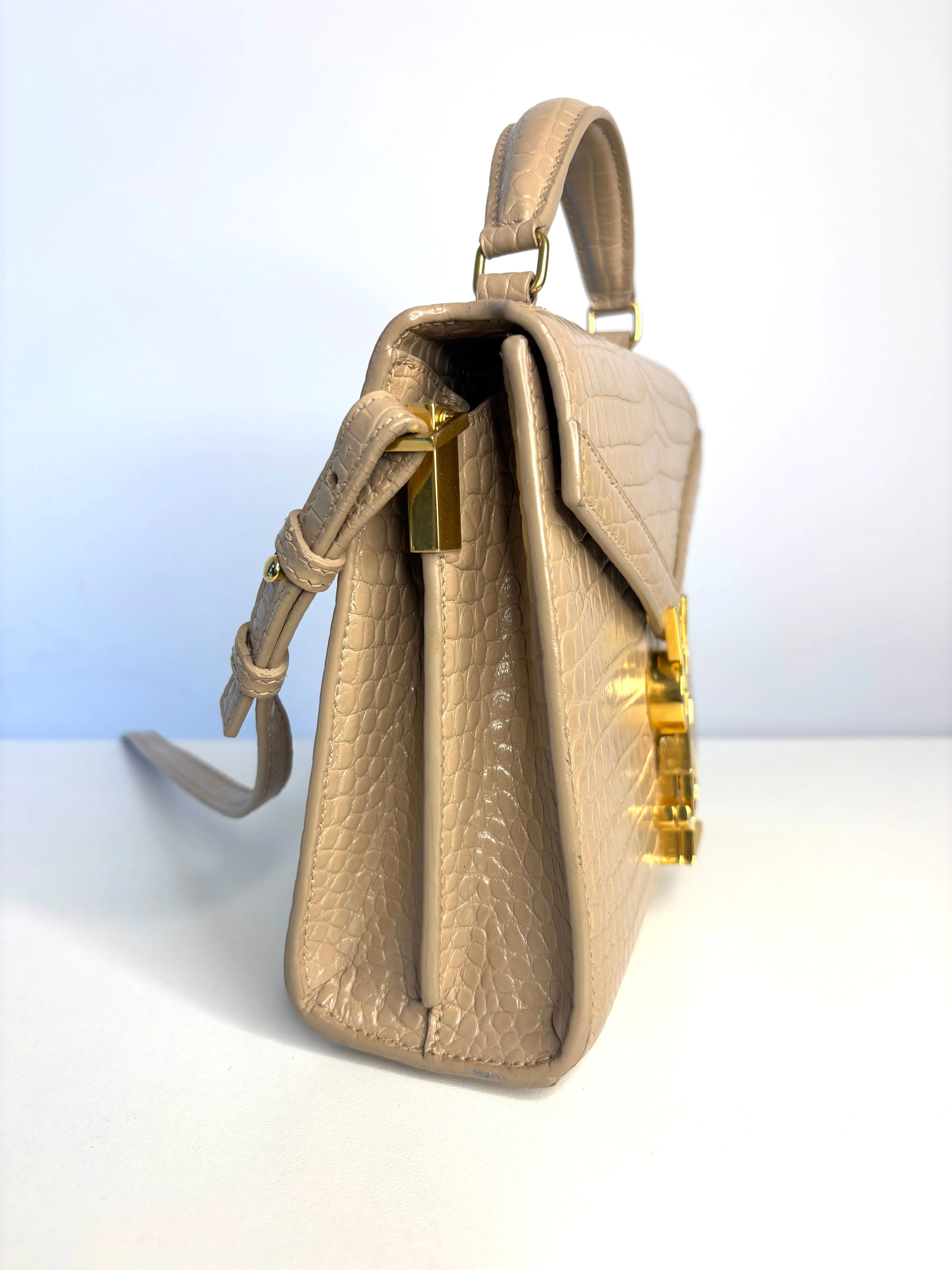 Saint Laurent YSL Crocodile Embossed Mini Classic Monogram Cassandra Nude Top Handle Bag Preloved