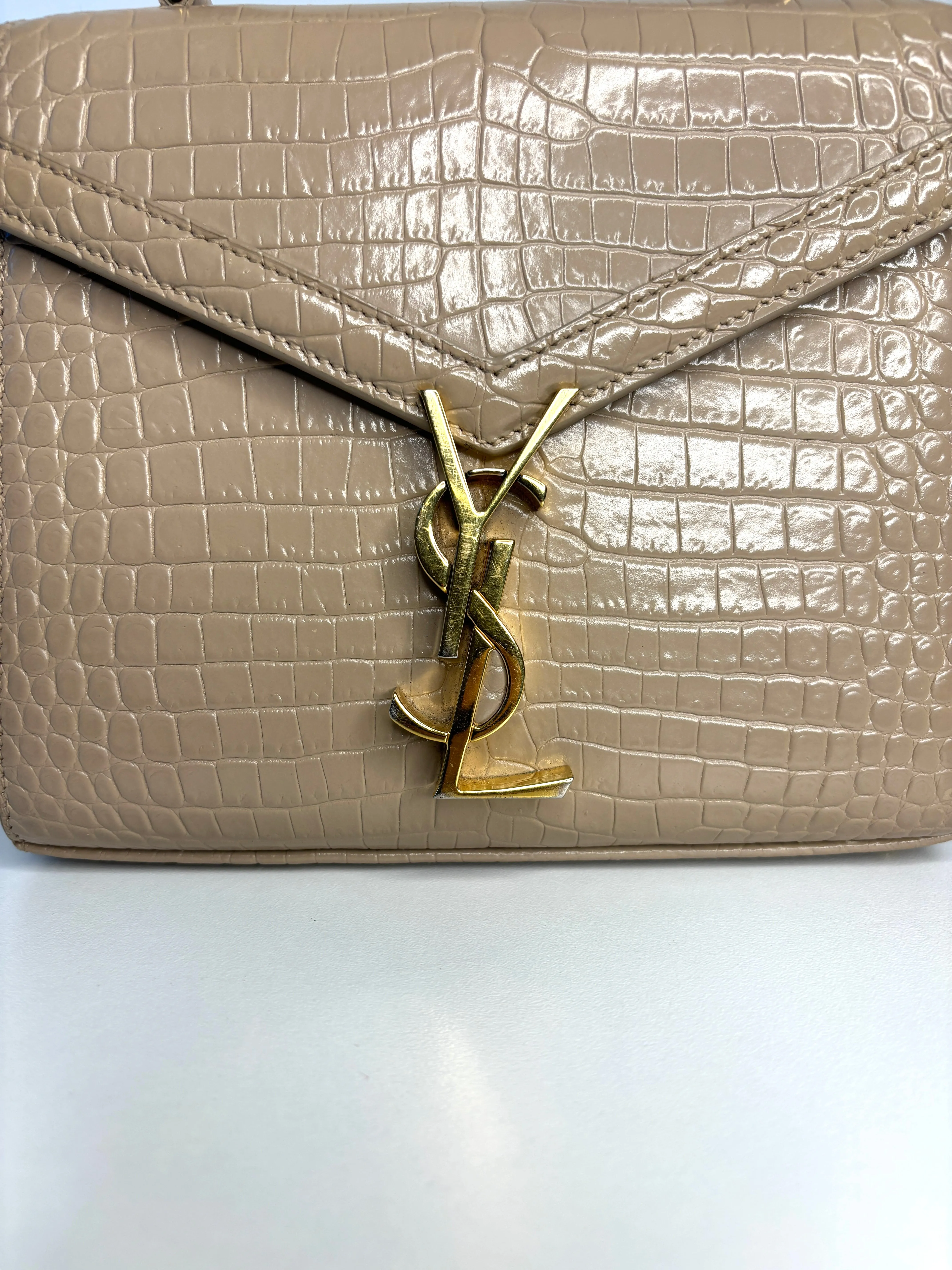 Saint Laurent YSL Crocodile Embossed Mini Classic Monogram Cassandra Nude Top Handle Bag Preloved