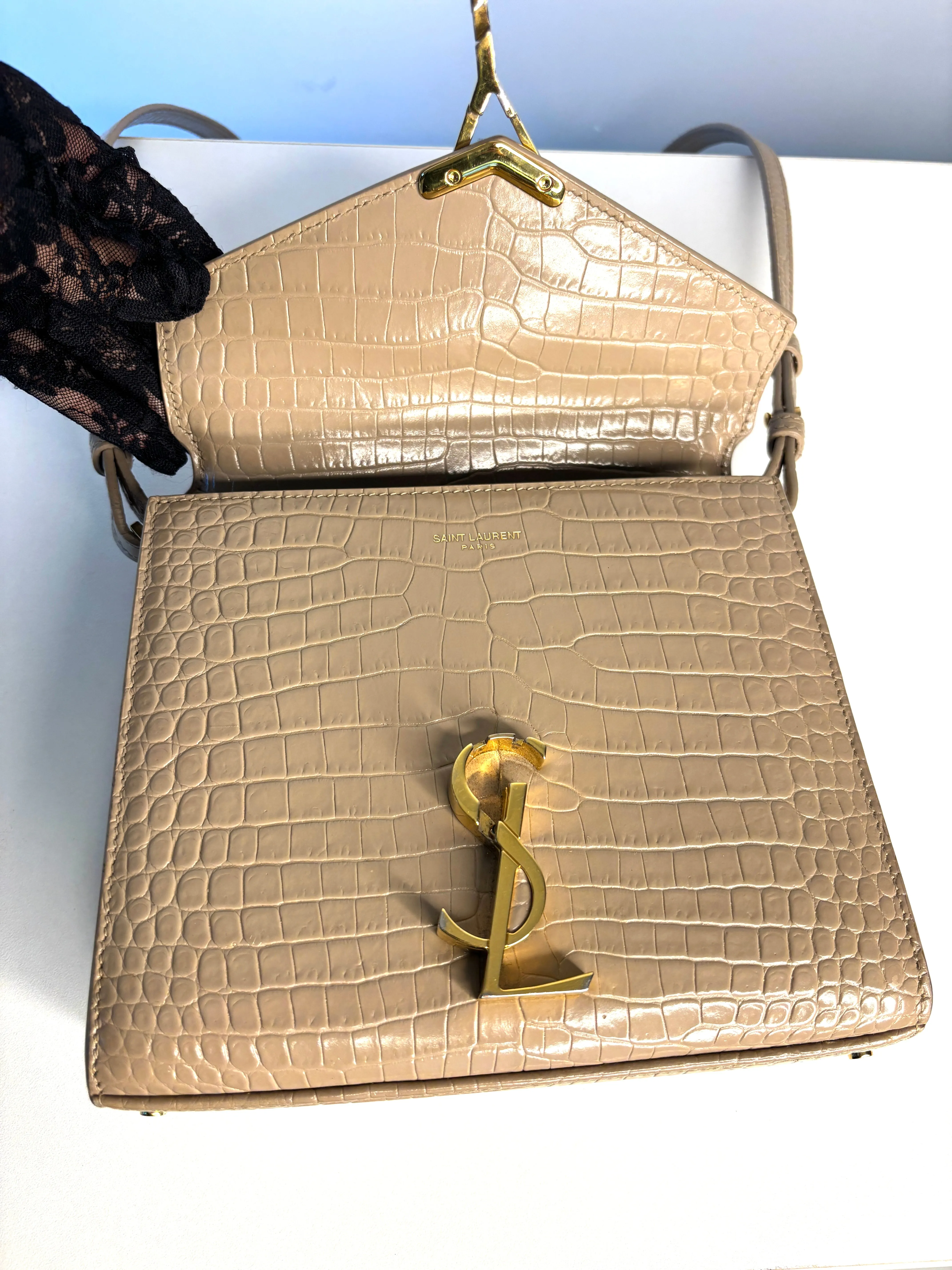 Saint Laurent YSL Crocodile Embossed Mini Classic Monogram Cassandra Nude Top Handle Bag Preloved