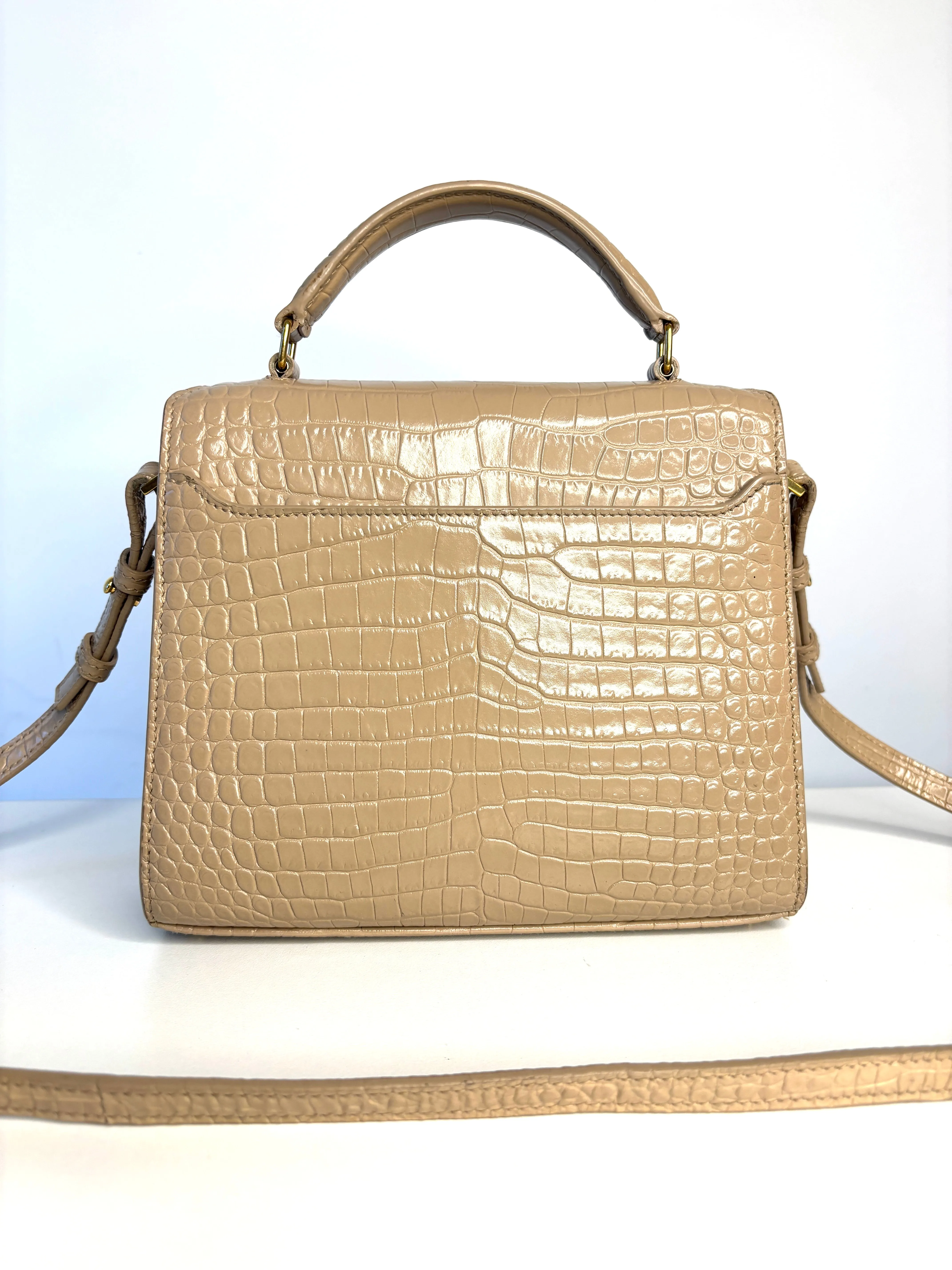 Saint Laurent YSL Crocodile Embossed Mini Classic Monogram Cassandra Nude Top Handle Bag Preloved