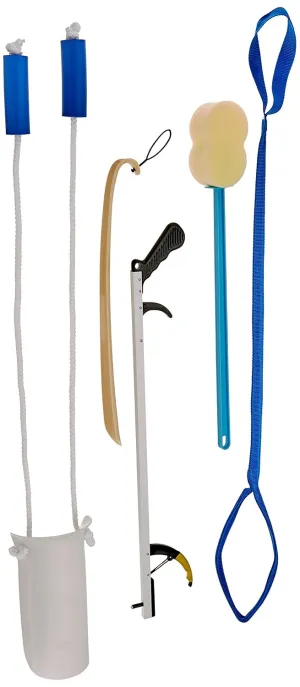 Sammons Preston Hip & Knee Equipment Kit with Assorted Daily Living Tools Including 32" Reacher, Sock Aid with Handle, Plastic Shoe Horn, Bendable Contoured Handled Sponge, and Rigid Leg Lifter