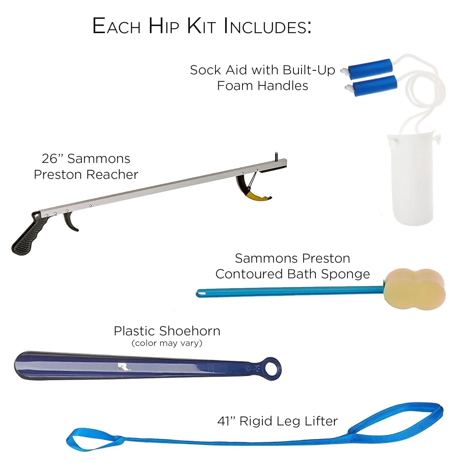 Sammons Preston Hip & Knee Equipment Kit with Assorted Daily Living Tools Including 32" Reacher, Sock Aid with Handle, Plastic Shoe Horn, Bendable Contoured Handled Sponge, and Rigid Leg Lifter