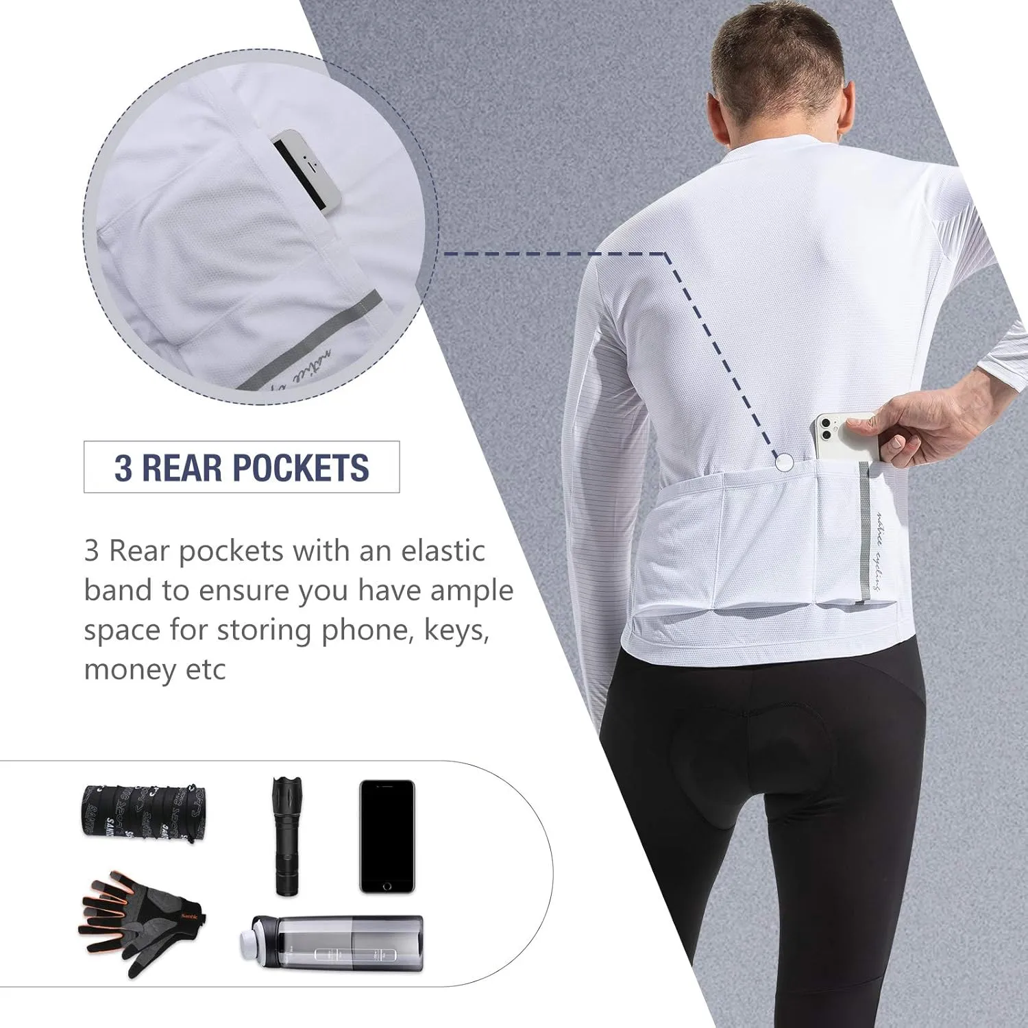 Santic Men's Cycling Jersey Long Sleeve Top Road Bike Shirt Full Zipper UPF 50  MTB Jersey with Pockets