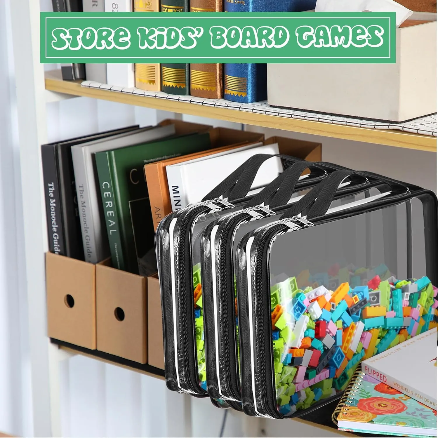 Sanwuta 3 Packs Toy Storage Bags with Zipper, Clear PVC Organizing Waterproof Toy Bags for Board Games, Building Blocks, and Kids Books(14.96 x 11 x 3.94 Inch,Black)
