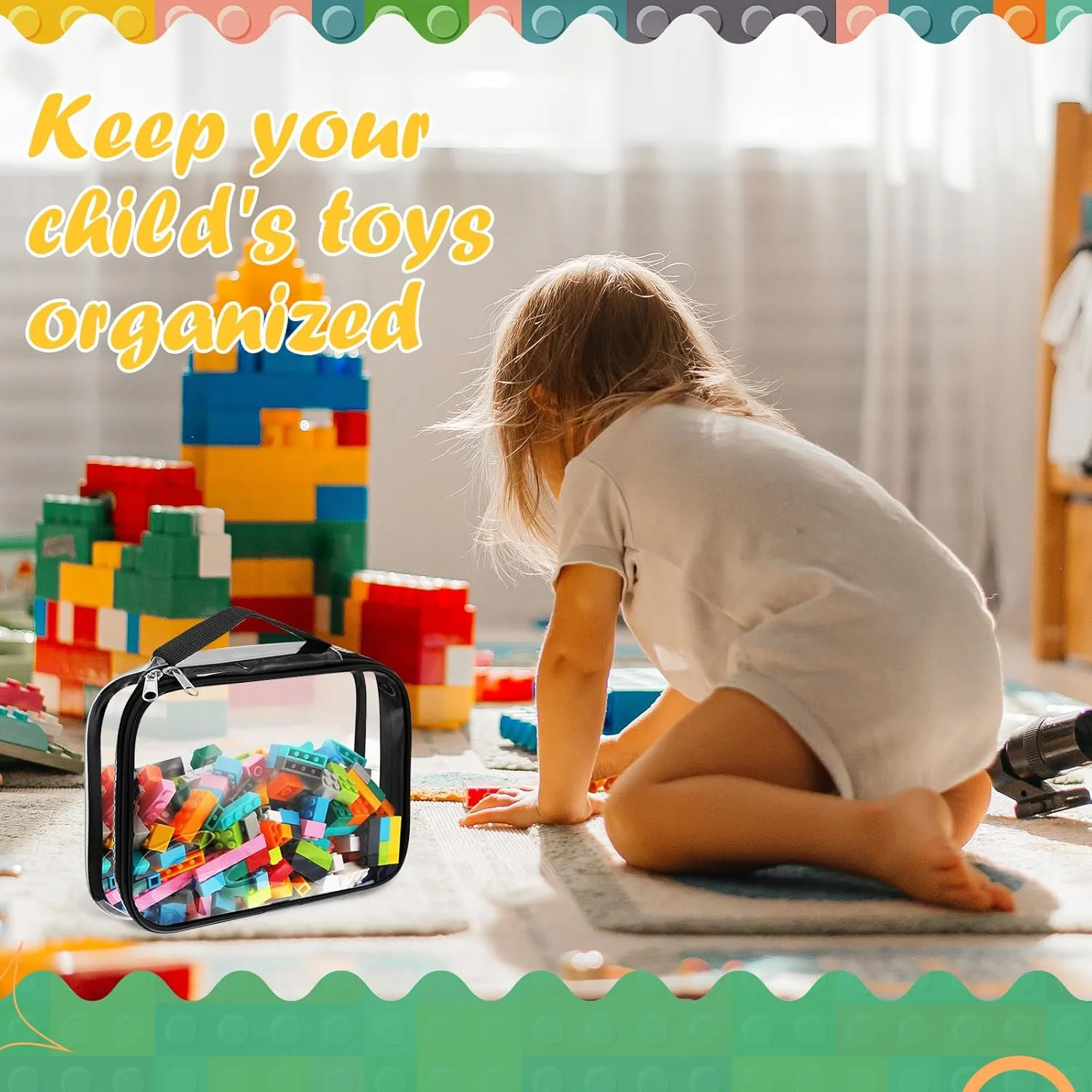 Sanwuta 3 Packs Toy Storage Bags with Zipper, Clear PVC Organizing Waterproof Toy Bags for Board Games, Building Blocks, and Kids Books(14.96 x 11 x 3.94 Inch,Black)