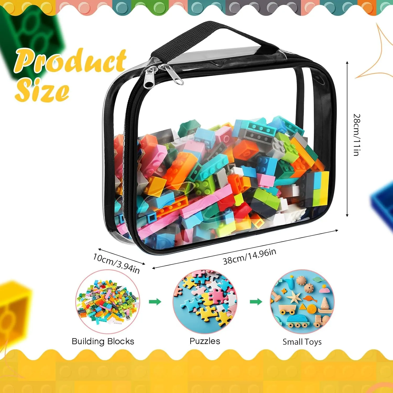 Sanwuta 3 Packs Toy Storage Bags with Zipper, Clear PVC Organizing Waterproof Toy Bags for Board Games, Building Blocks, and Kids Books(14.96 x 11 x 3.94 Inch,Black)