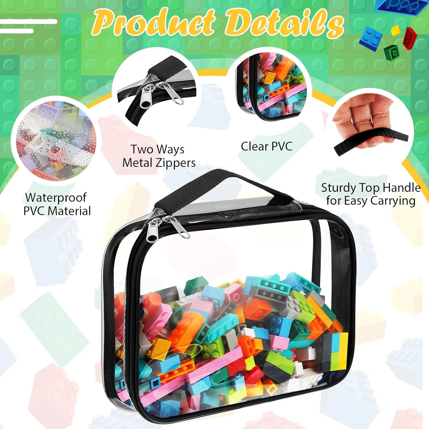 Sanwuta 3 Packs Toy Storage Bags with Zipper, Clear PVC Organizing Waterproof Toy Bags for Board Games, Building Blocks, and Kids Books(14.96 x 11 x 3.94 Inch,Black)