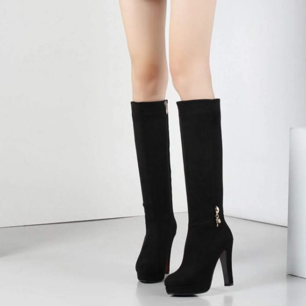 Scaoruki Women Elegant Mid Top Boots Block Heels High Boots Platform