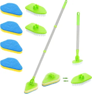 Scrub Cleaning Brush with Long Handle 2 in 1 Extendable Bathroom Floor Brushes with 2 Stiff Bristles and 4 Sponge with Long Handle Detachable Tile Lightweight Cleaner for Bathtub Shower