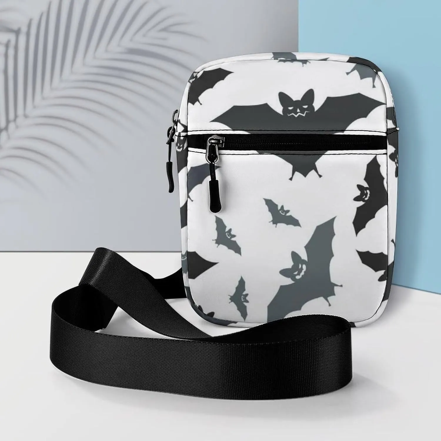 Seamless Black Grey Bats on White Adjustable Fanny Waist Pack Pouch, Waterproof Crossbody Runners Bag Wallet for Gym Hiking Fitness Women Men 6.1 x 2.2 x 7.9 inch