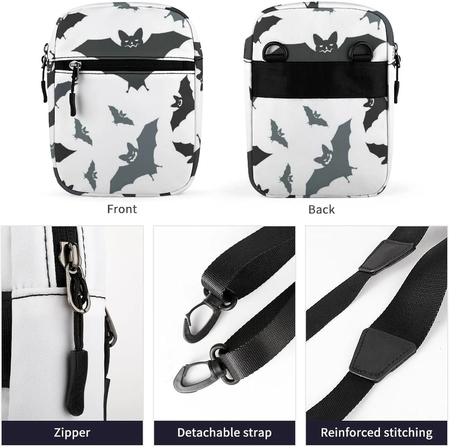 Seamless Black Grey Bats on White Adjustable Fanny Waist Pack Pouch, Waterproof Crossbody Runners Bag Wallet for Gym Hiking Fitness Women Men 6.1 x 2.2 x 7.9 inch