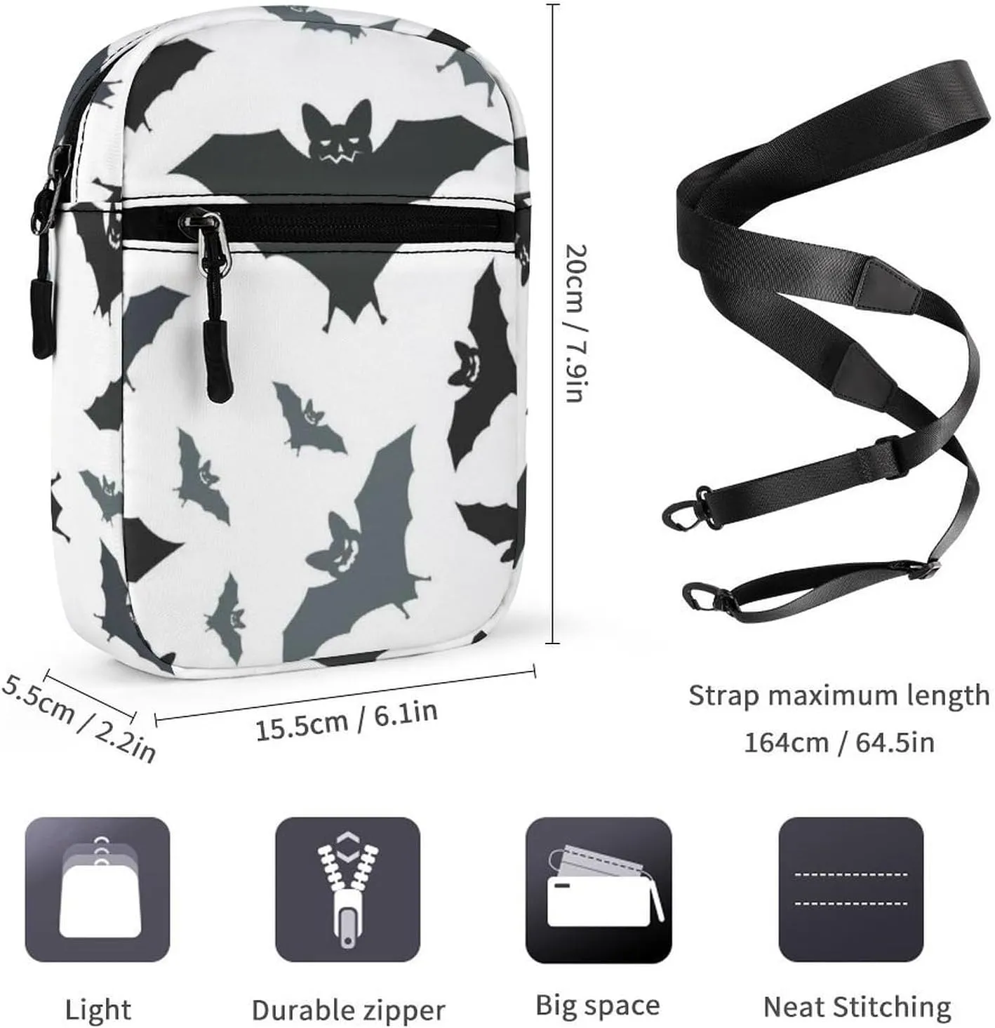 Seamless Black Grey Bats on White Adjustable Fanny Waist Pack Pouch, Waterproof Crossbody Runners Bag Wallet for Gym Hiking Fitness Women Men 6.1 x 2.2 x 7.9 inch