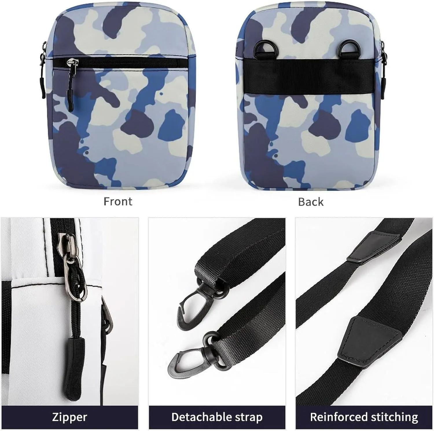 Seamless Blue Black Grey Urban Horizontal Camouflage Camo Pattern Adjustable Fanny Waist Pack Pouch, Waterproof Crossbody Runners Bag Wallet for Gym Hiking Fitness Women Men 6.1 x 2.2 x 7.9 inch