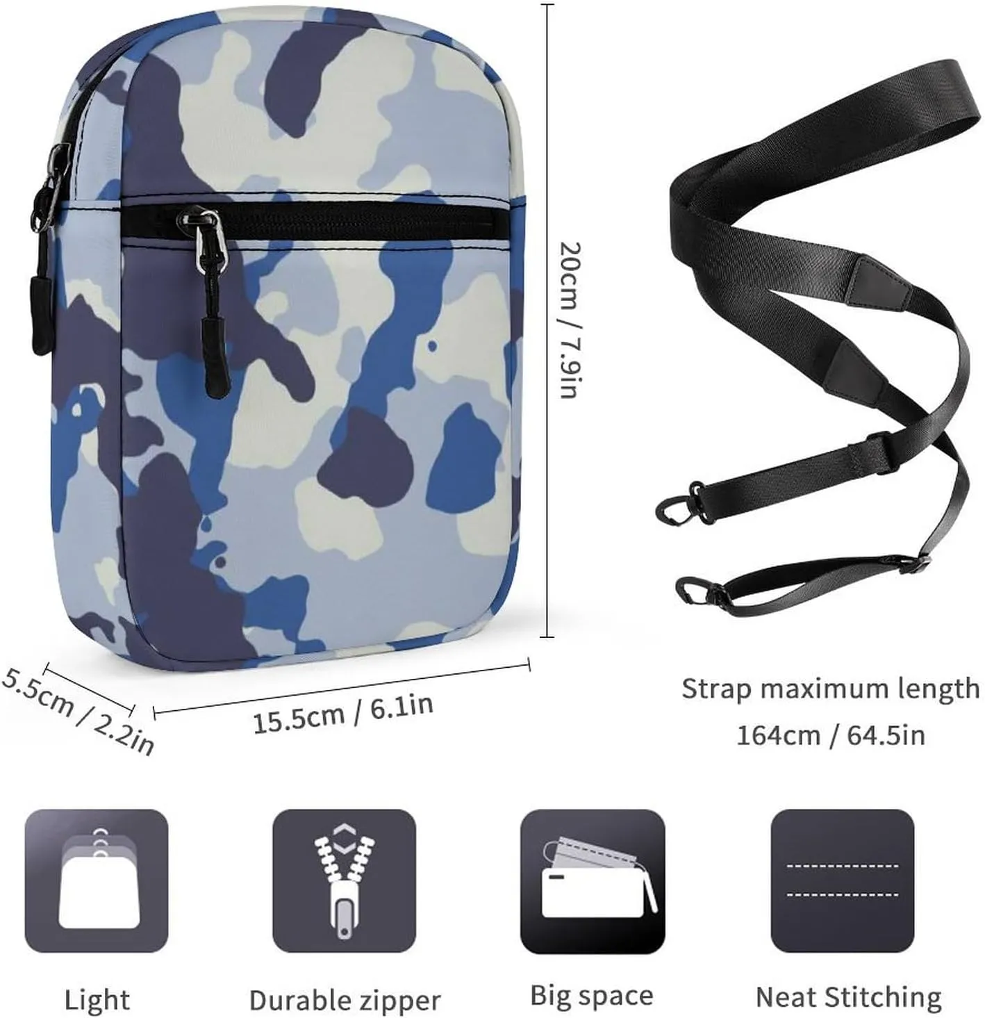 Seamless Blue Black Grey Urban Horizontal Camouflage Camo Pattern Adjustable Fanny Waist Pack Pouch, Waterproof Crossbody Runners Bag Wallet for Gym Hiking Fitness Women Men 6.1 x 2.2 x 7.9 inch