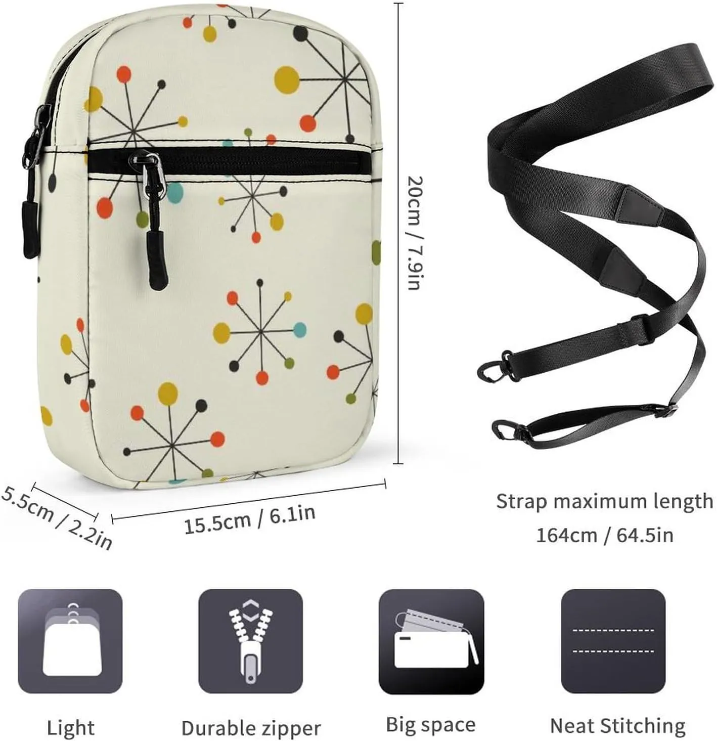 Seamless Dots Mid Century Abstract Geometric Colorful Adjustable Fanny Waist Pack Pouch, Waterproof Crossbody Runners Bag Wallet for Gym Hiking Fitness Women Men 6.1 x 2.2 x 7.9 inch