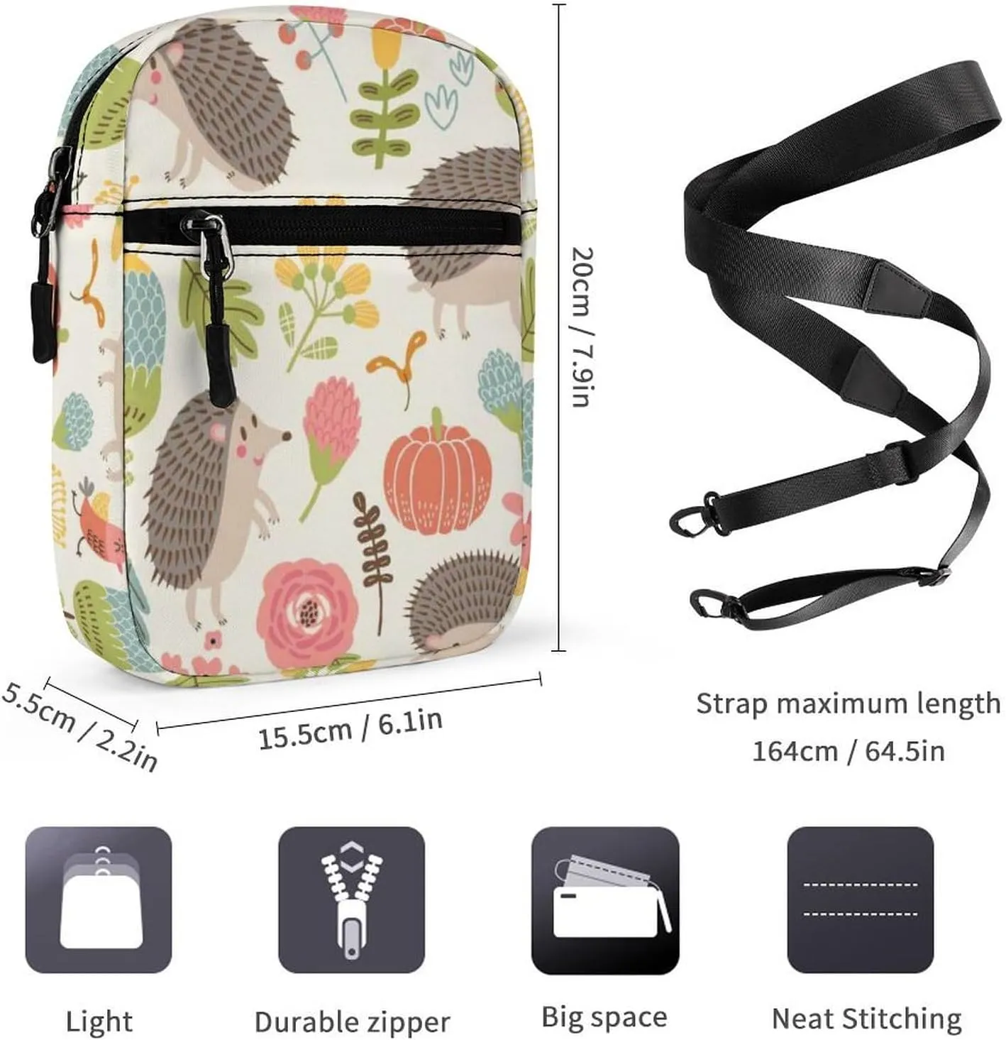 Seamless Forest Hedgehogs Herbs with Flowers Green Leaves Snails Adjustable Fanny Waist Pack Pouch, Waterproof Crossbody Runners Bag Wallet for Gym Hiking Fitness Women Men 6.1 x 2.2 x 7.9 inch