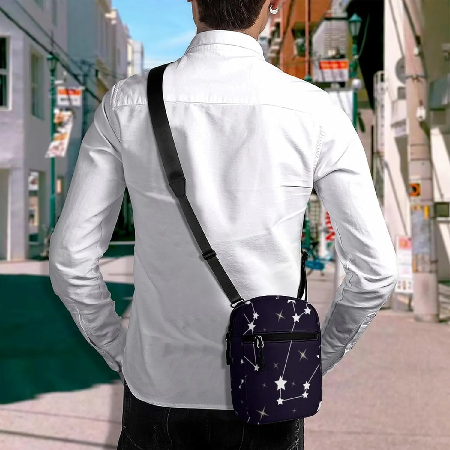 Seamless Pattern with Constellations Black Space with White Stars Adjustable Fanny Waist Pack Pouch, Waterproof Crossbody Runners Bag Wallet for Gym Hiking Fitness Women Men 6.1 x 2.2 x 7.9 inch