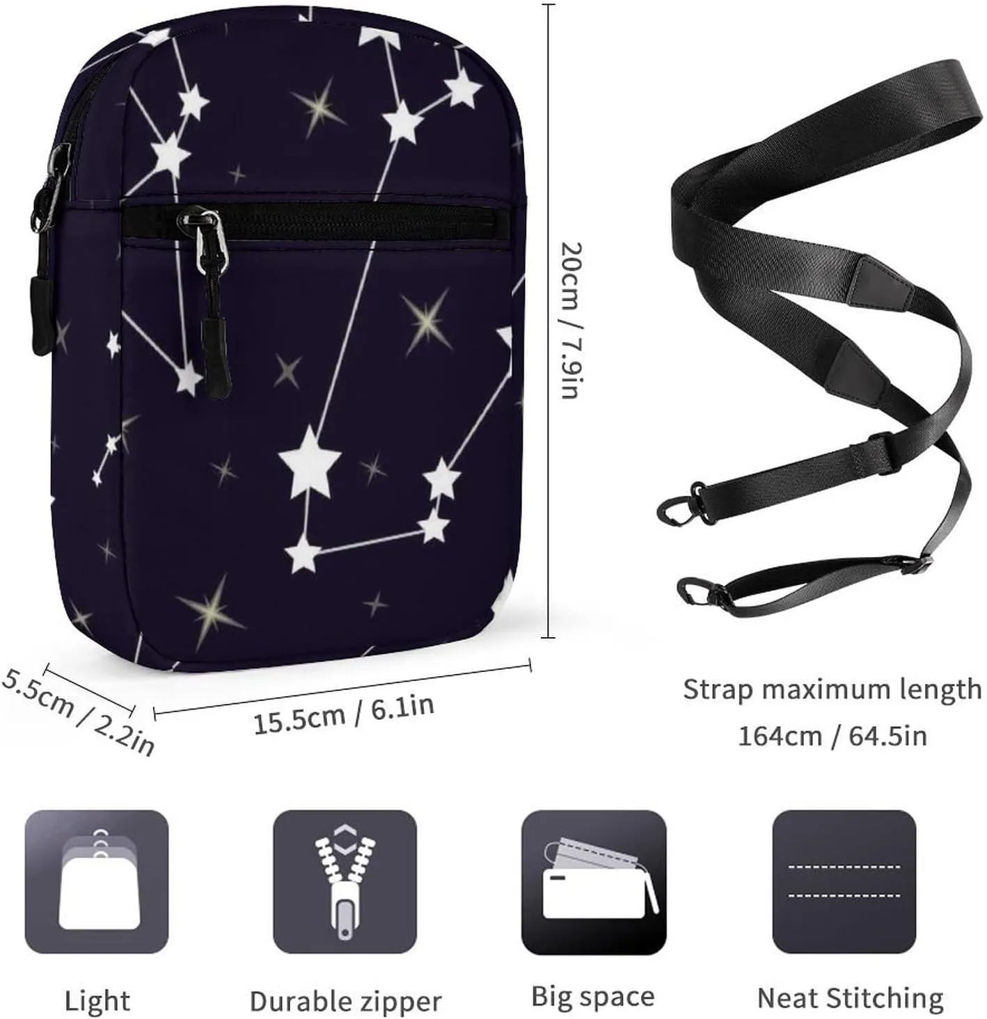 Seamless Pattern with Constellations Black Space with White Stars Adjustable Fanny Waist Pack Pouch, Waterproof Crossbody Runners Bag Wallet for Gym Hiking Fitness Women Men 6.1 x 2.2 x 7.9 inch