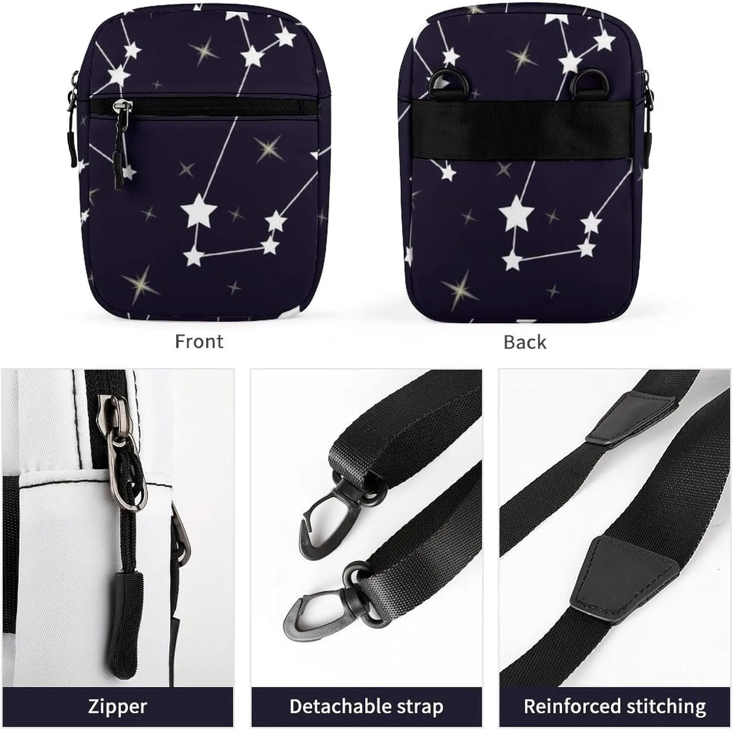 Seamless Pattern with Constellations Black Space with White Stars Adjustable Fanny Waist Pack Pouch, Waterproof Crossbody Runners Bag Wallet for Gym Hiking Fitness Women Men 6.1 x 2.2 x 7.9 inch