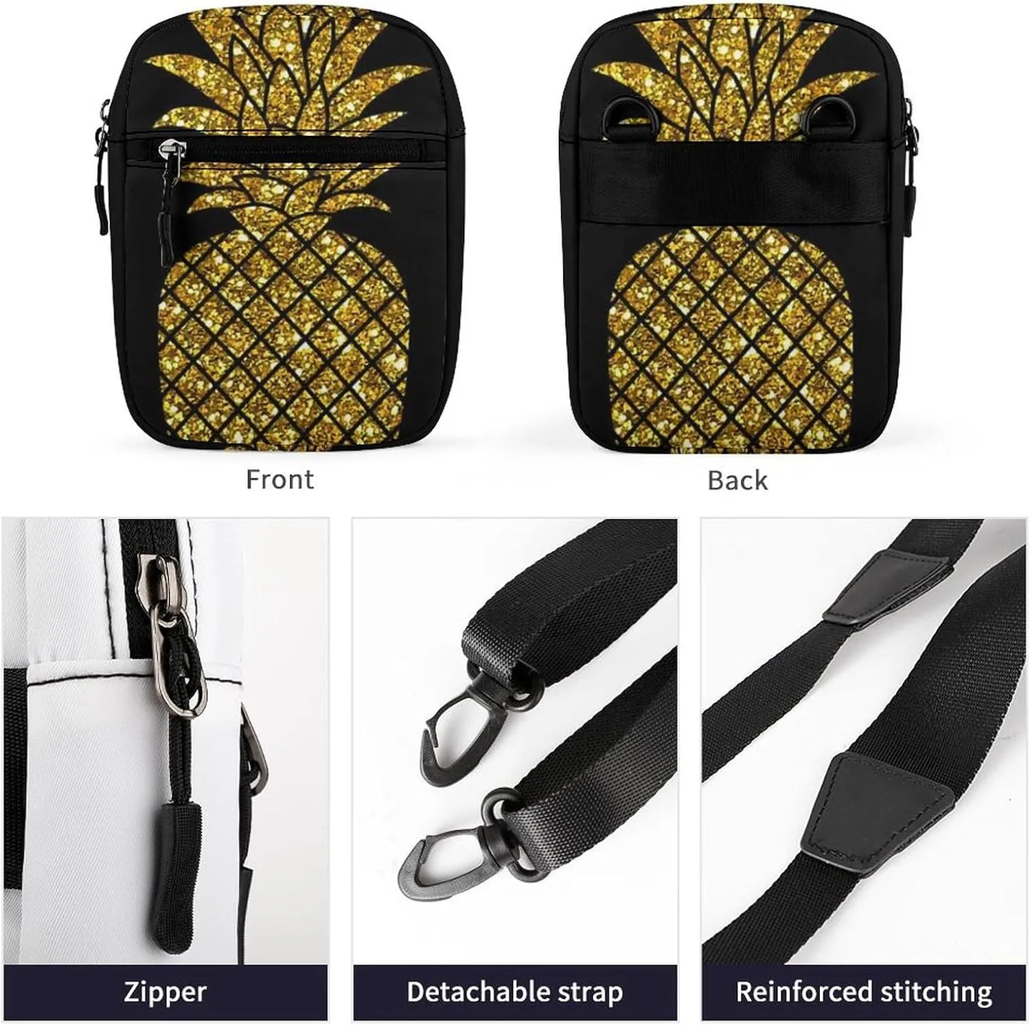 Seamless Pattern with Gold Glitter Pineapples on Black Adjustable Fanny Waist Pack Pouch, Waterproof Crossbody Runners Bag Wallet for Gym Hiking Fitness Women Men 6.1 x 2.2 x 7.9 inch