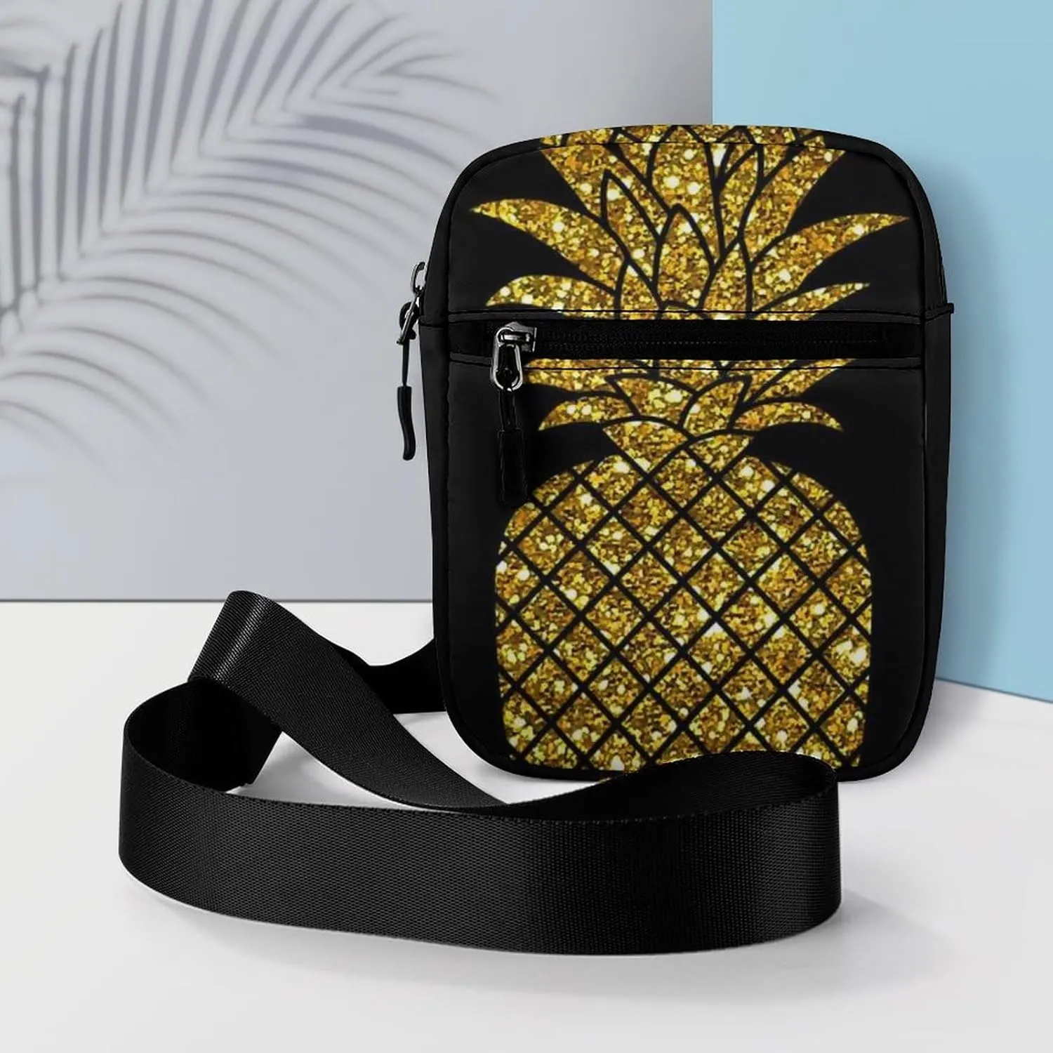 Seamless Pattern with Gold Glitter Pineapples on Black Adjustable Fanny Waist Pack Pouch, Waterproof Crossbody Runners Bag Wallet for Gym Hiking Fitness Women Men 6.1 x 2.2 x 7.9 inch