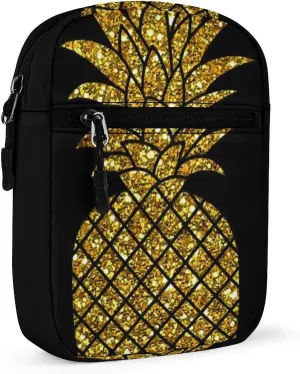 Seamless Pattern with Gold Glitter Pineapples on Black Adjustable Fanny Waist Pack Pouch, Waterproof Crossbody Runners Bag Wallet for Gym Hiking Fitness Women Men 6.1 x 2.2 x 7.9 inch
