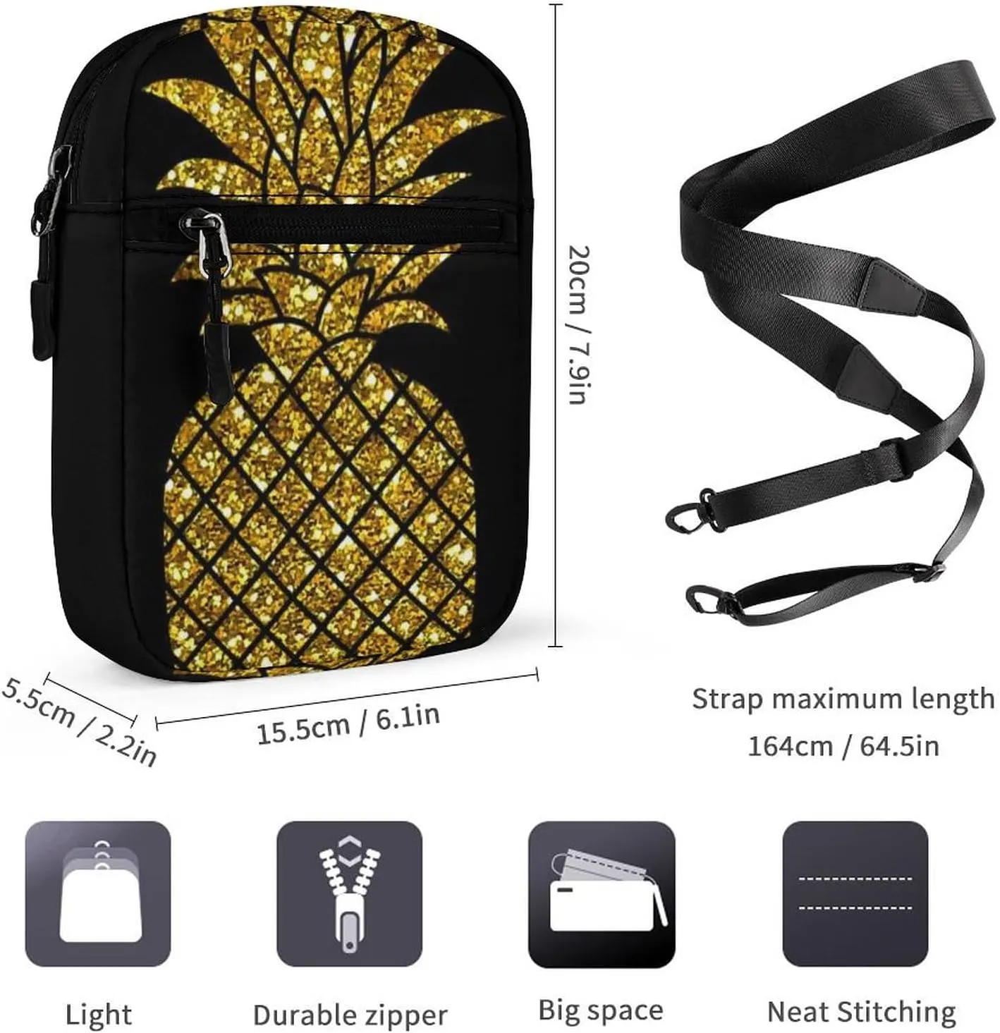 Seamless Pattern with Gold Glitter Pineapples on Black Adjustable Fanny Waist Pack Pouch, Waterproof Crossbody Runners Bag Wallet for Gym Hiking Fitness Women Men 6.1 x 2.2 x 7.9 inch