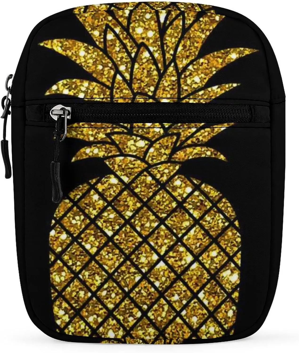 Seamless Pattern with Gold Glitter Pineapples on Black Adjustable Fanny Waist Pack Pouch, Waterproof Crossbody Runners Bag Wallet for Gym Hiking Fitness Women Men 6.1 x 2.2 x 7.9 inch