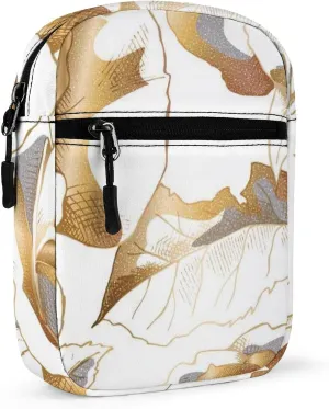 Seamless Pattern with Golden Rose Flowers, Leaves and Buds on White Adjustable Fanny Waist Pack Pouch, Waterproof Crossbody Runners Bag Wallet for Gym Hiking Fitness Women Men 6.1 x 2.2 x 7.9 inch