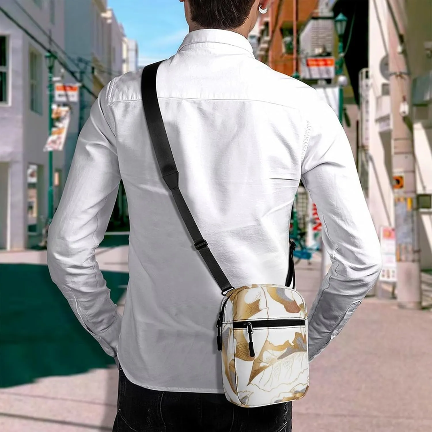 Seamless Pattern with Golden Rose Flowers, Leaves and Buds on White Adjustable Fanny Waist Pack Pouch, Waterproof Crossbody Runners Bag Wallet for Gym Hiking Fitness Women Men 6.1 x 2.2 x 7.9 inch
