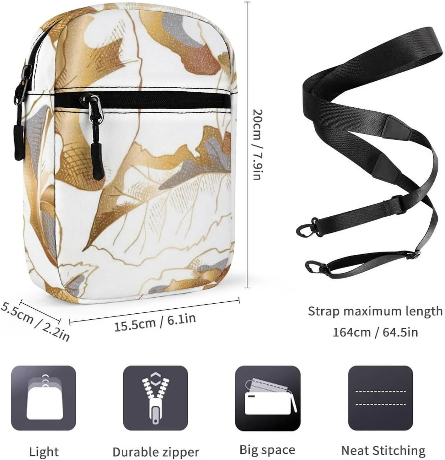 Seamless Pattern with Golden Rose Flowers, Leaves and Buds on White Adjustable Fanny Waist Pack Pouch, Waterproof Crossbody Runners Bag Wallet for Gym Hiking Fitness Women Men 6.1 x 2.2 x 7.9 inch