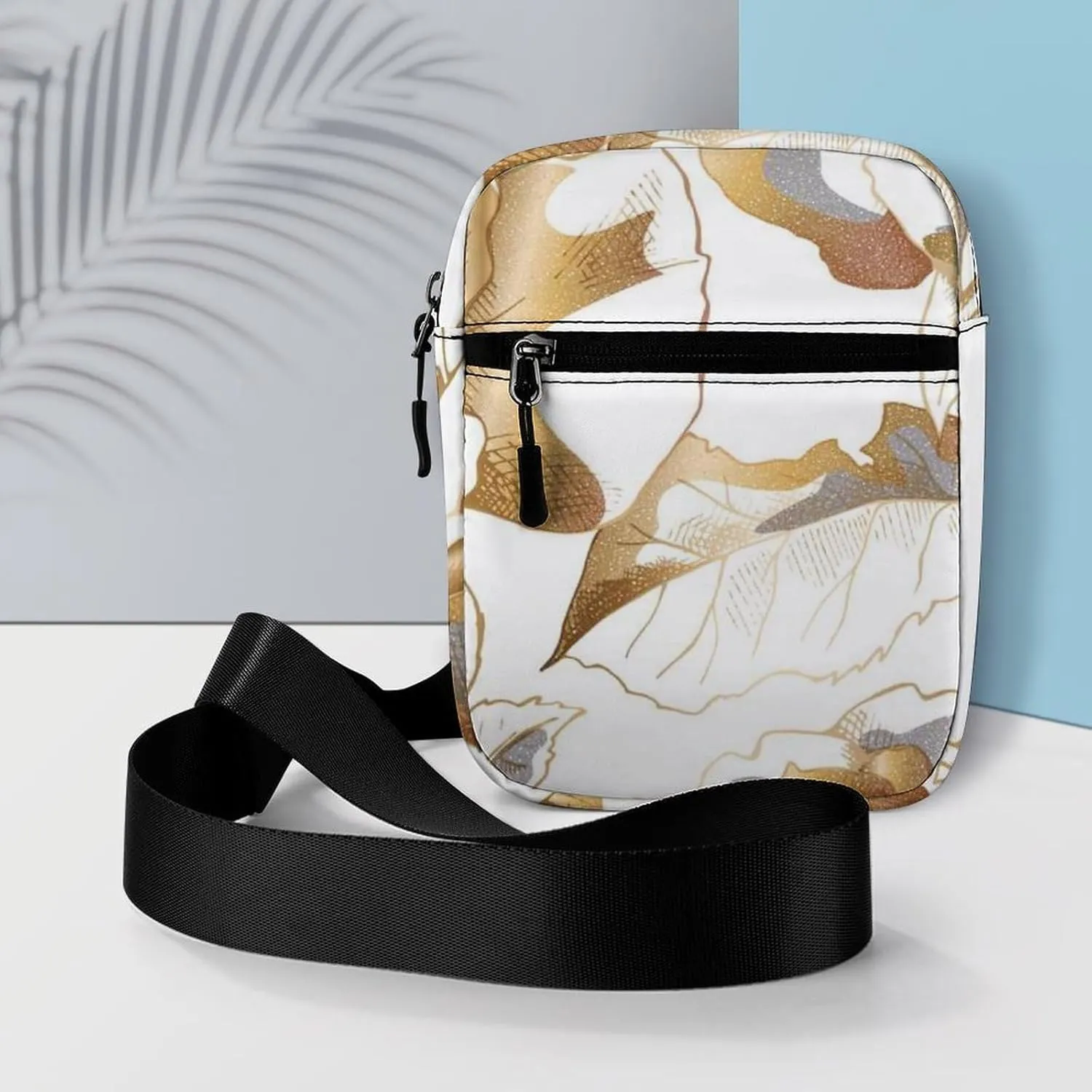 Seamless Pattern with Golden Rose Flowers, Leaves and Buds on White Adjustable Fanny Waist Pack Pouch, Waterproof Crossbody Runners Bag Wallet for Gym Hiking Fitness Women Men 6.1 x 2.2 x 7.9 inch