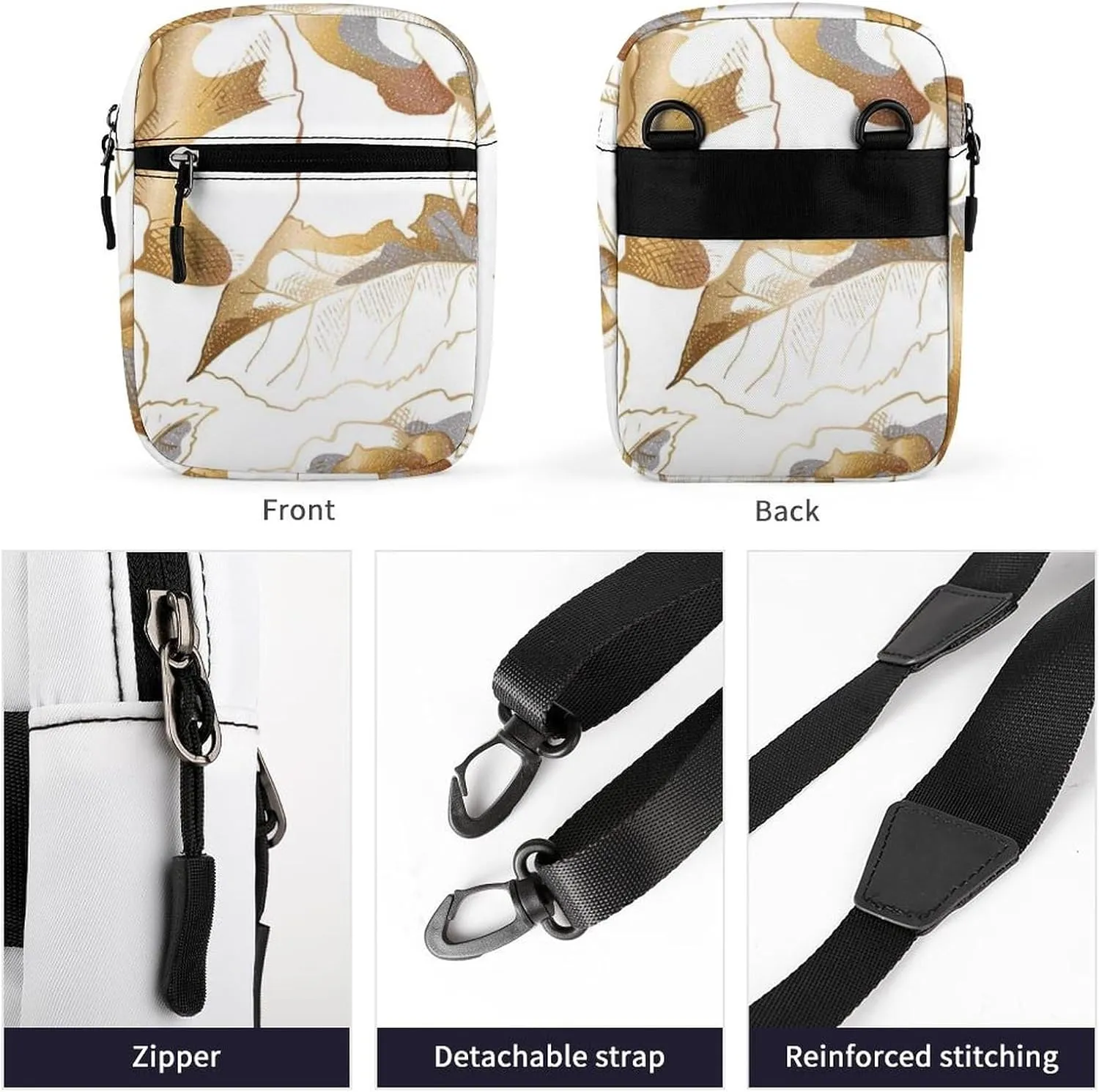Seamless Pattern with Golden Rose Flowers, Leaves and Buds on White Adjustable Fanny Waist Pack Pouch, Waterproof Crossbody Runners Bag Wallet for Gym Hiking Fitness Women Men 6.1 x 2.2 x 7.9 inch