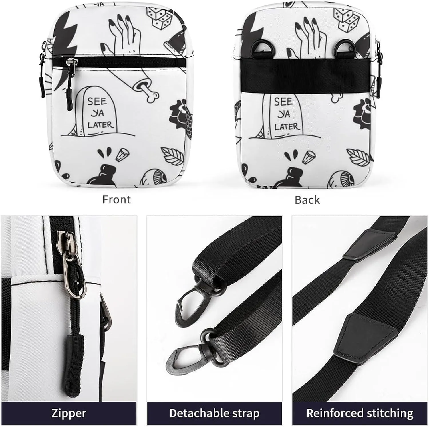 Seamless Various Tattoo Elements Doodle Isolated on White Adjustable Fanny Waist Pack Pouch, Waterproof Crossbody Runners Bag Wallet for Gym Hiking Fitness Women Men 6.1 x 2.2 x 7.9 inch