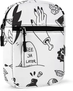 Seamless Various Tattoo Elements Doodle Isolated on White Adjustable Fanny Waist Pack Pouch, Waterproof Crossbody Runners Bag Wallet for Gym Hiking Fitness Women Men 6.1 x 2.2 x 7.9 inch