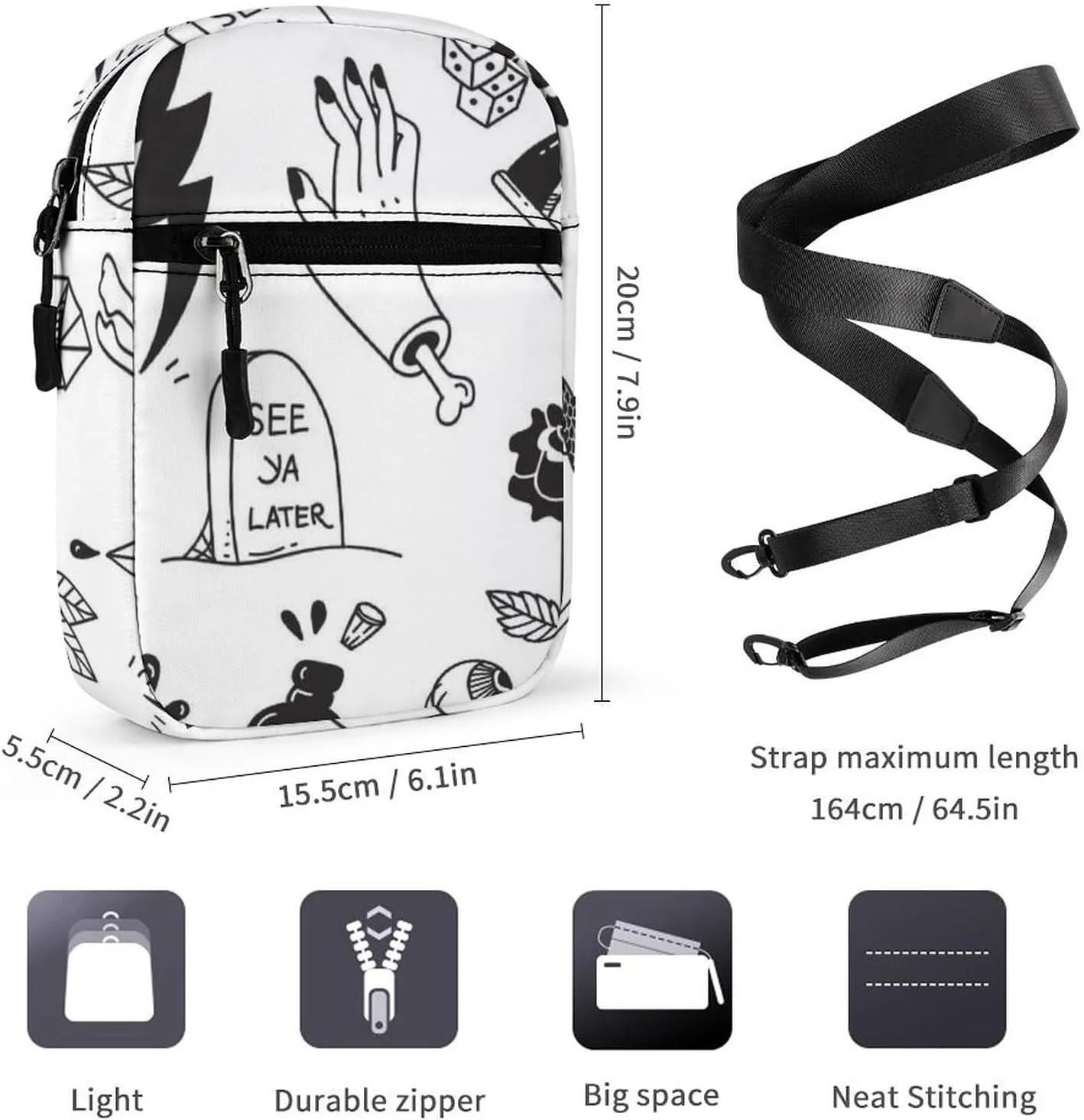Seamless Various Tattoo Elements Doodle Isolated on White Adjustable Fanny Waist Pack Pouch, Waterproof Crossbody Runners Bag Wallet for Gym Hiking Fitness Women Men 6.1 x 2.2 x 7.9 inch