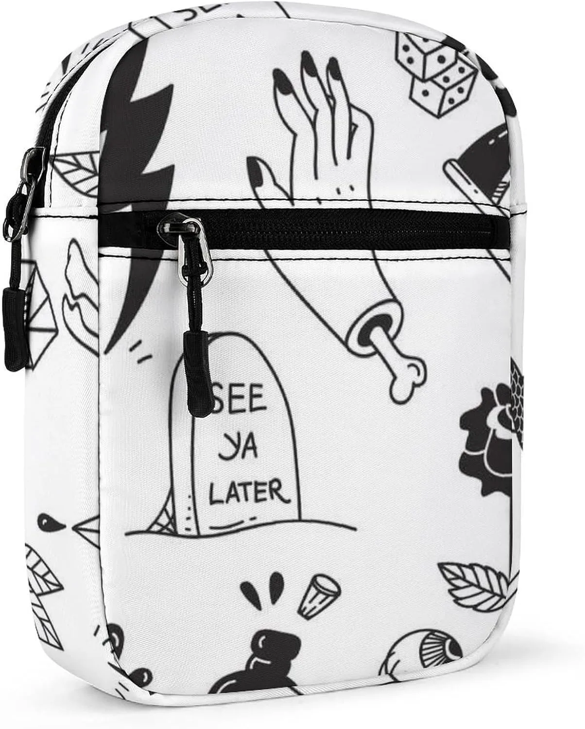 Seamless Various Tattoo Elements Doodle Isolated on White Adjustable Fanny Waist Pack Pouch, Waterproof Crossbody Runners Bag Wallet for Gym Hiking Fitness Women Men 6.1 x 2.2 x 7.9 inch