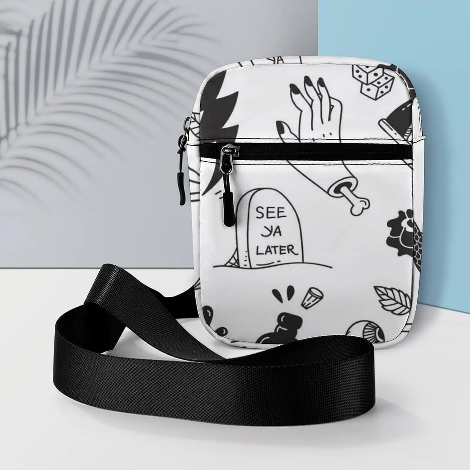 Seamless Various Tattoo Elements Doodle Isolated on White Adjustable Fanny Waist Pack Pouch, Waterproof Crossbody Runners Bag Wallet for Gym Hiking Fitness Women Men 6.1 x 2.2 x 7.9 inch