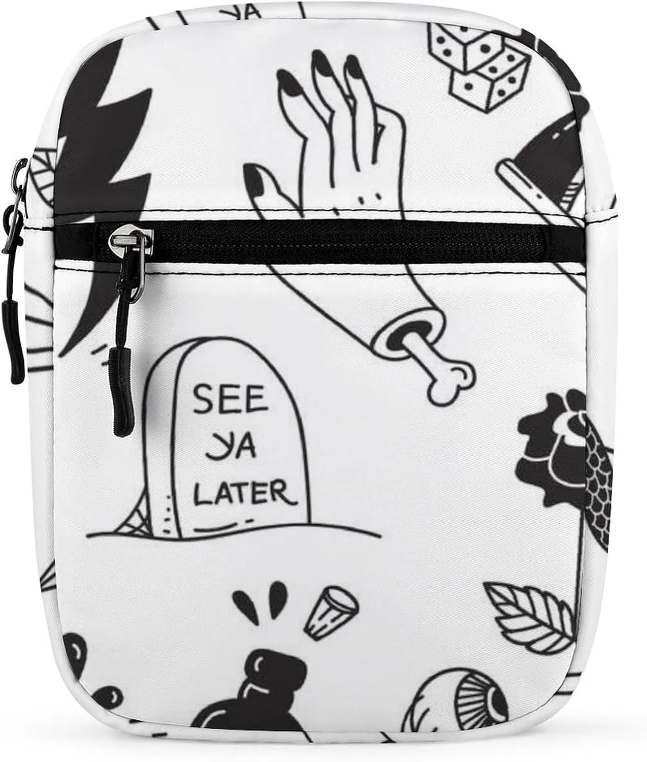 Seamless Various Tattoo Elements Doodle Isolated on White Adjustable Fanny Waist Pack Pouch, Waterproof Crossbody Runners Bag Wallet for Gym Hiking Fitness Women Men 6.1 x 2.2 x 7.9 inch