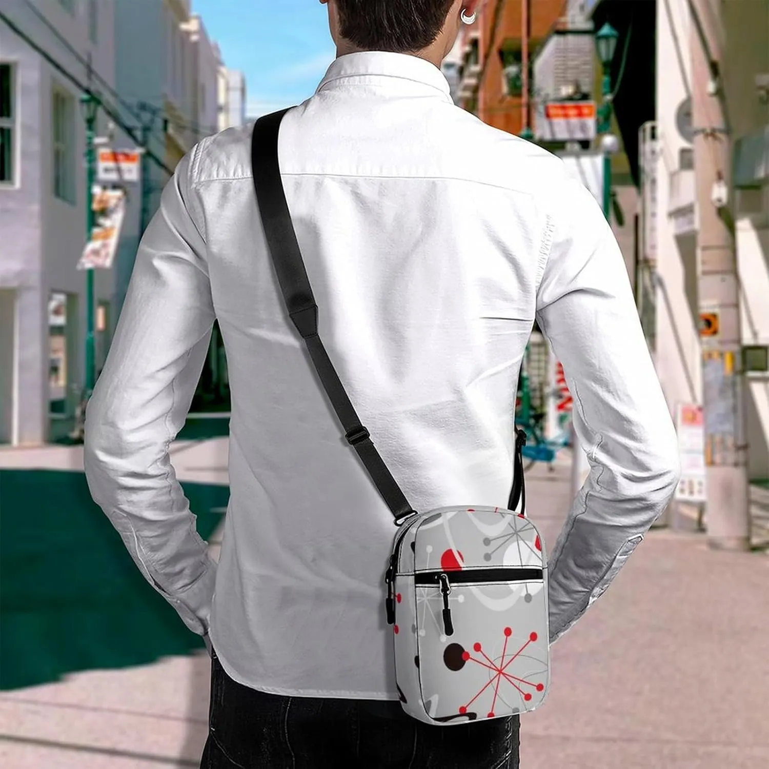 Seamless Vintage Atomic Retro mid Century 1950 Red Black Grey Style Adjustable Fanny Waist Pack Pouch, Waterproof Crossbody Runners Bag Wallet for Gym Hiking Fitness Women Men 6.1 x 2.2 x 7.9 inch