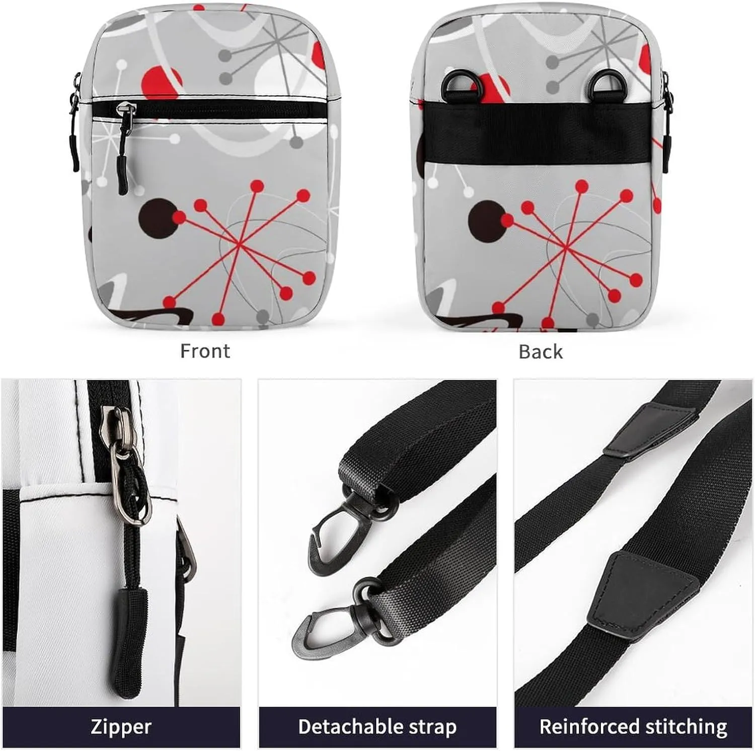 Seamless Vintage Atomic Retro mid Century 1950 Red Black Grey Style Adjustable Fanny Waist Pack Pouch, Waterproof Crossbody Runners Bag Wallet for Gym Hiking Fitness Women Men 6.1 x 2.2 x 7.9 inch