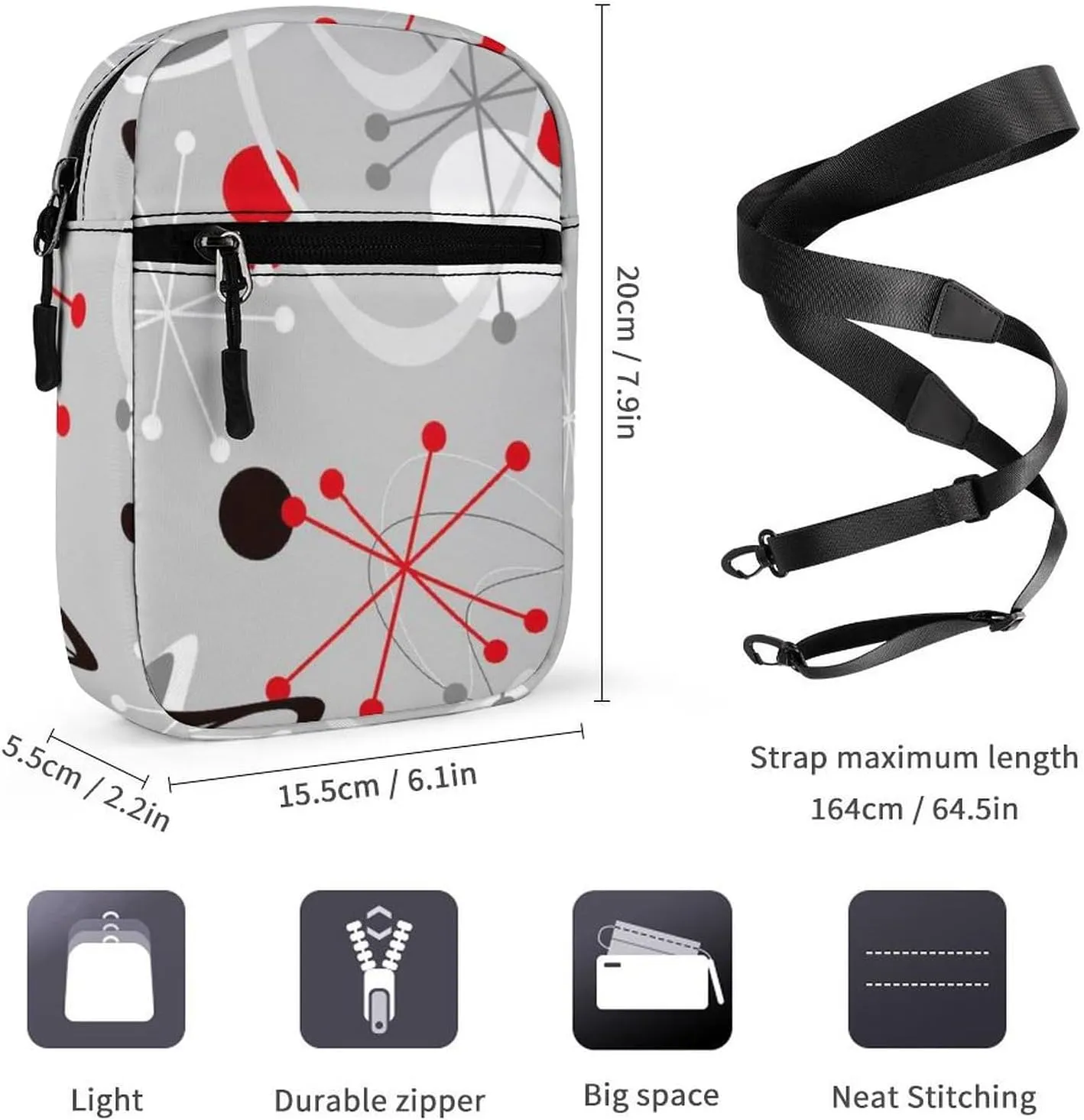 Seamless Vintage Atomic Retro mid Century 1950 Red Black Grey Style Adjustable Fanny Waist Pack Pouch, Waterproof Crossbody Runners Bag Wallet for Gym Hiking Fitness Women Men 6.1 x 2.2 x 7.9 inch