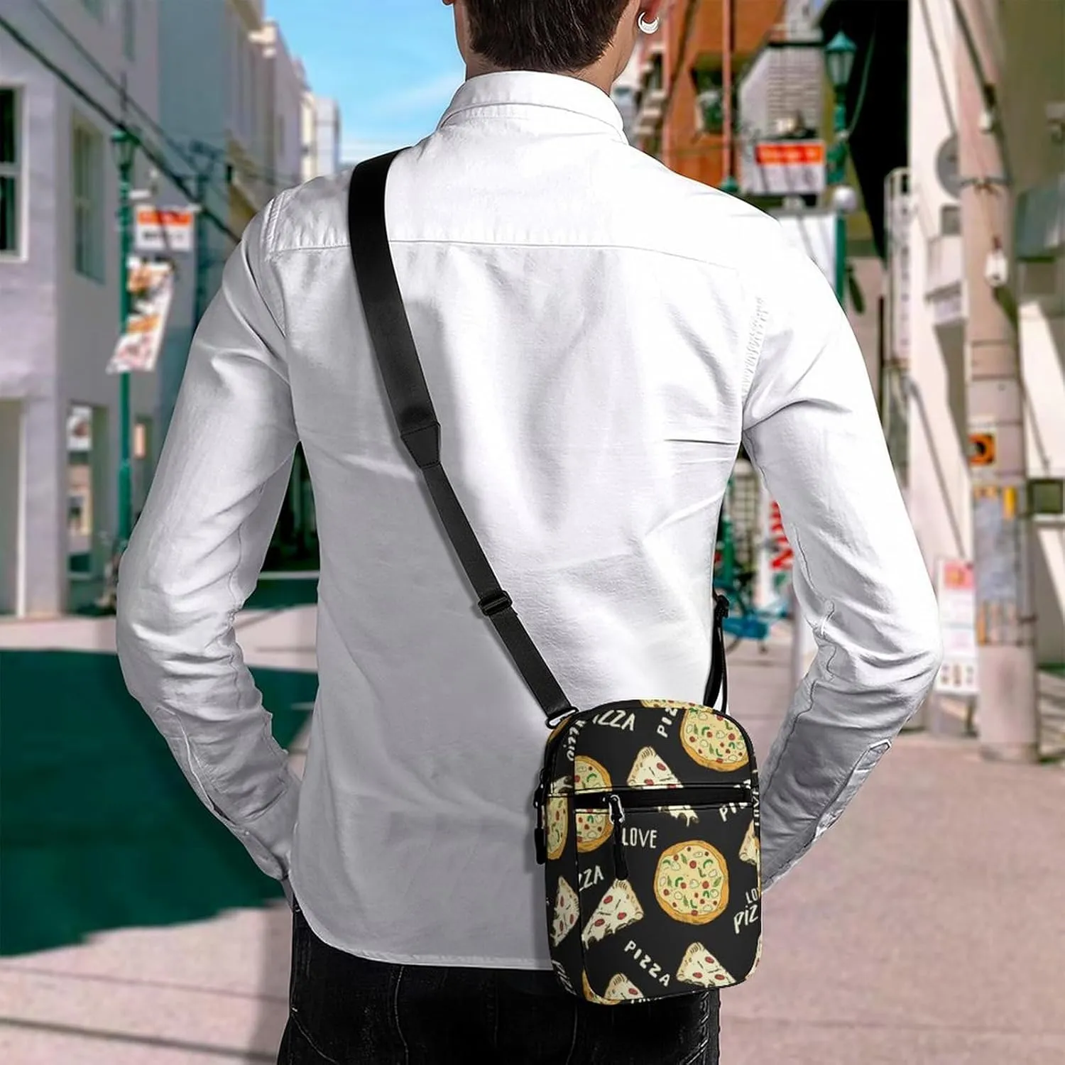 Seamless Yellow Pizza Slice Doodles and Pizza Words on Black Adjustable Fanny Waist Pack Pouch, Waterproof Crossbody Runners Bag Wallet for Gym Hiking Fitness Women Men 6.1 x 2.2 x 7.9 inch