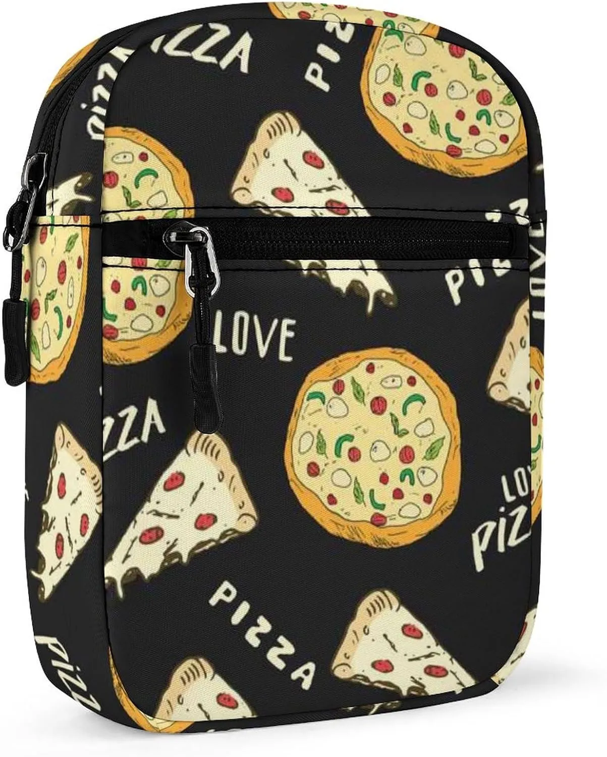 Seamless Yellow Pizza Slice Doodles and Pizza Words on Black Adjustable Fanny Waist Pack Pouch, Waterproof Crossbody Runners Bag Wallet for Gym Hiking Fitness Women Men 6.1 x 2.2 x 7.9 inch