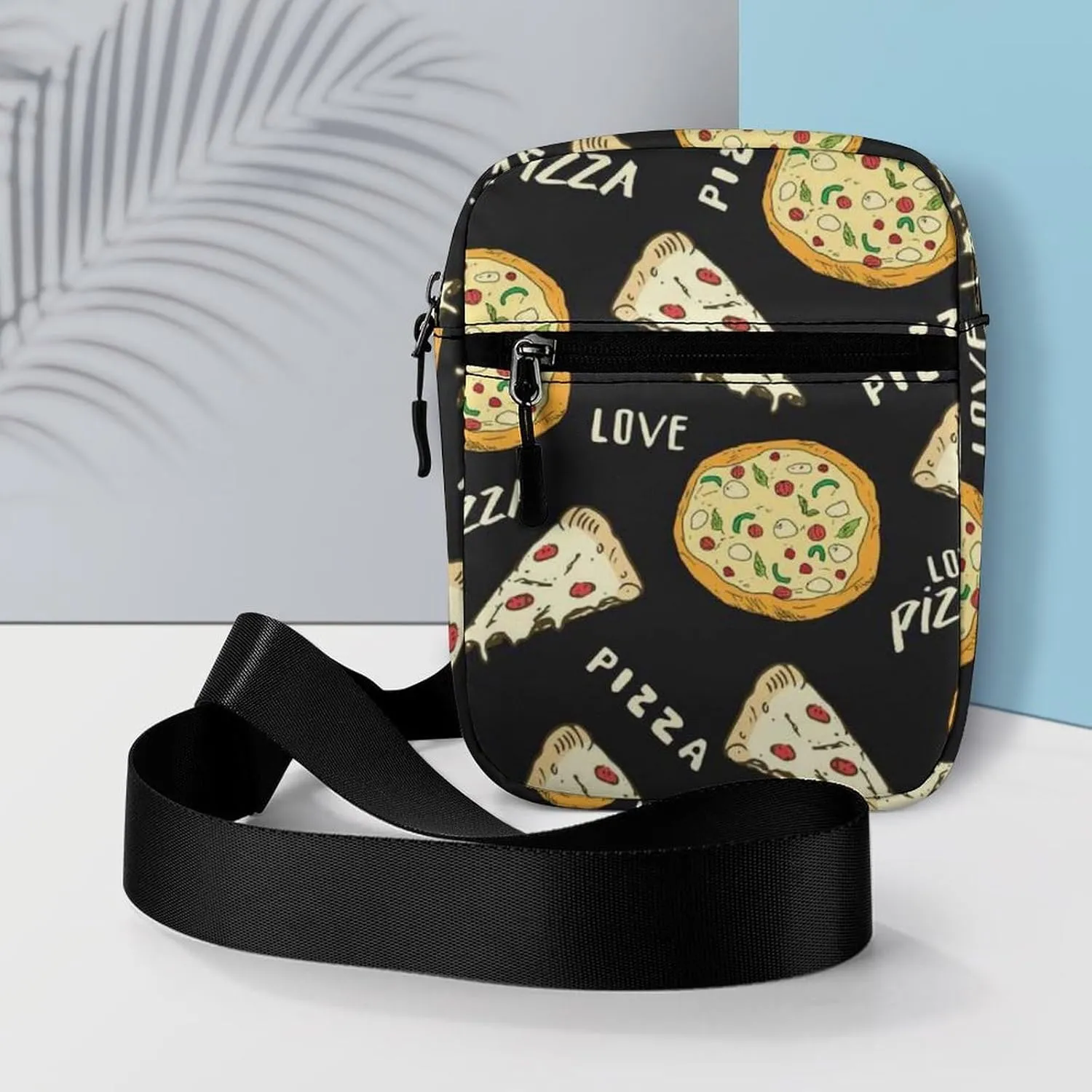 Seamless Yellow Pizza Slice Doodles and Pizza Words on Black Adjustable Fanny Waist Pack Pouch, Waterproof Crossbody Runners Bag Wallet for Gym Hiking Fitness Women Men 6.1 x 2.2 x 7.9 inch